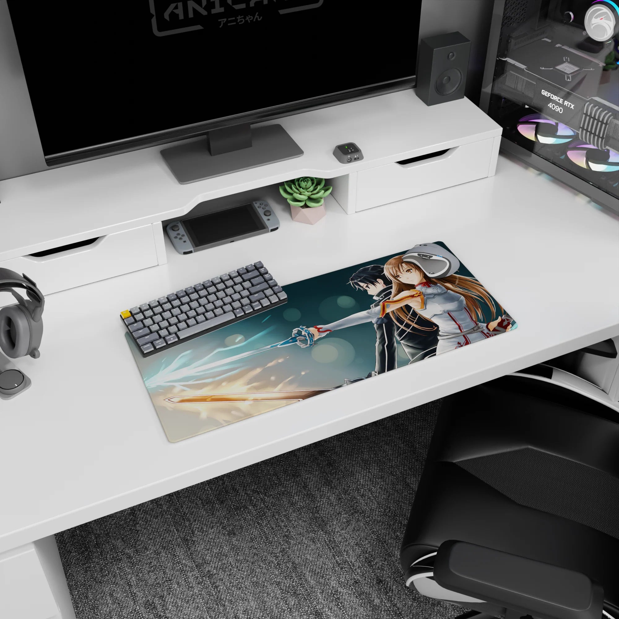 Sword Art Online mouse pad, 28x12 inches, featuring Kirito and Asuna in dynamic poses with glowing swords, perfect for anime fans.