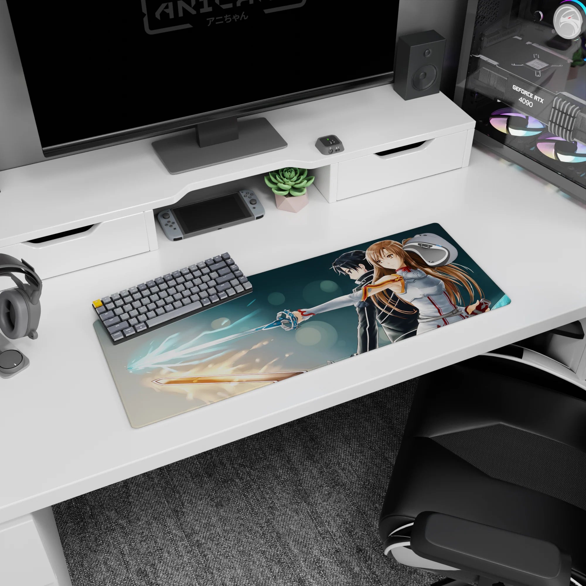 Mouse pad 32x12 inches featuring Sword Art Online's Kirito and Asuna, swords in blue and amber, dynamic poses, light flares.