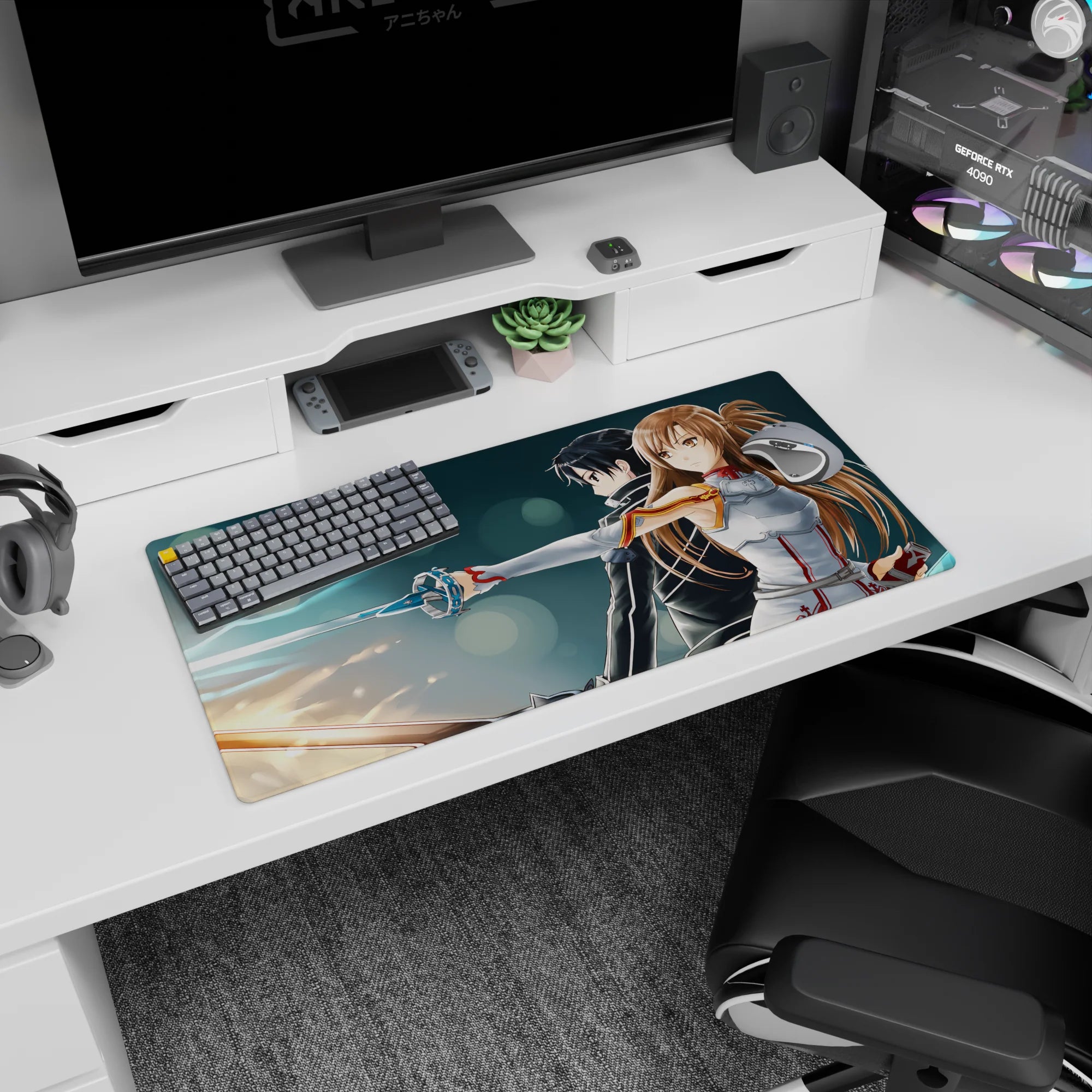 Kirito and Asuna anime mouse pad, 32x16 inches, Sword Art Online, dynamic poses with glowing swords, perfect for gaming.