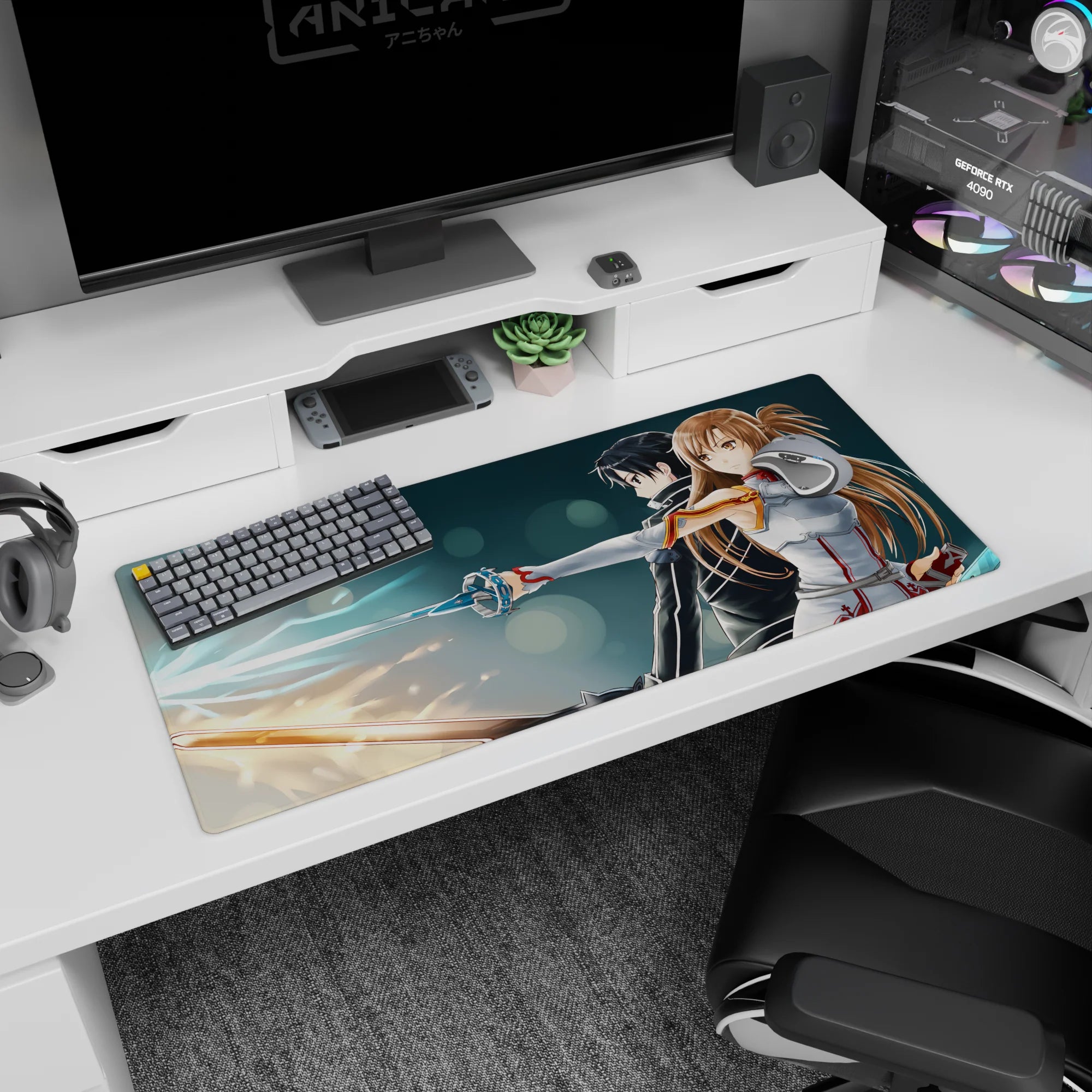 Sword Art Online desk pad featuring Kirito and Asuna, 36x16 inches. Their swords glow in blue and amber against a digital battlefield.
