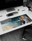 Sword Art Online desk pad featuring Kirito and Asuna, 36x16 inches. Their swords glow in blue and amber against a digital battlefield.
