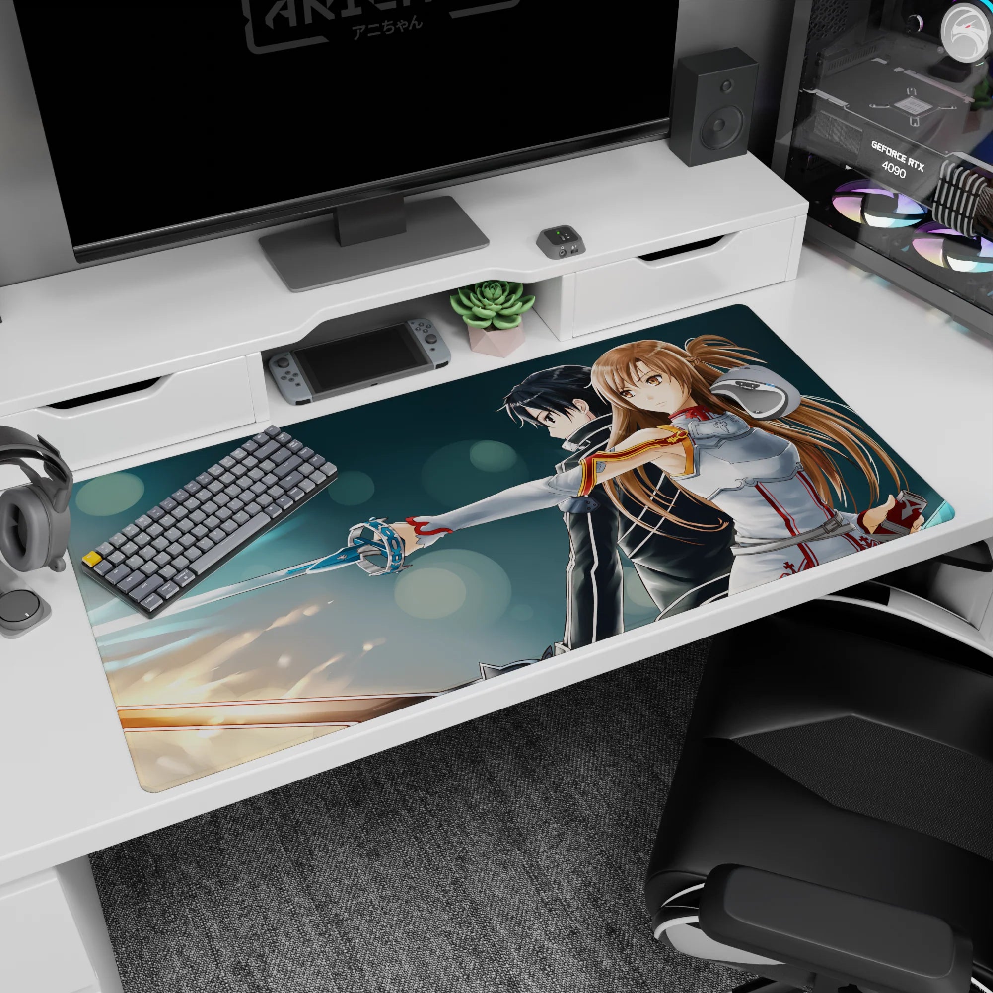 Sword Art Online desk pad 40x20 inches featuring Kirito and Asuna, vibrant colors and dynamic poses on a digital battlefield.