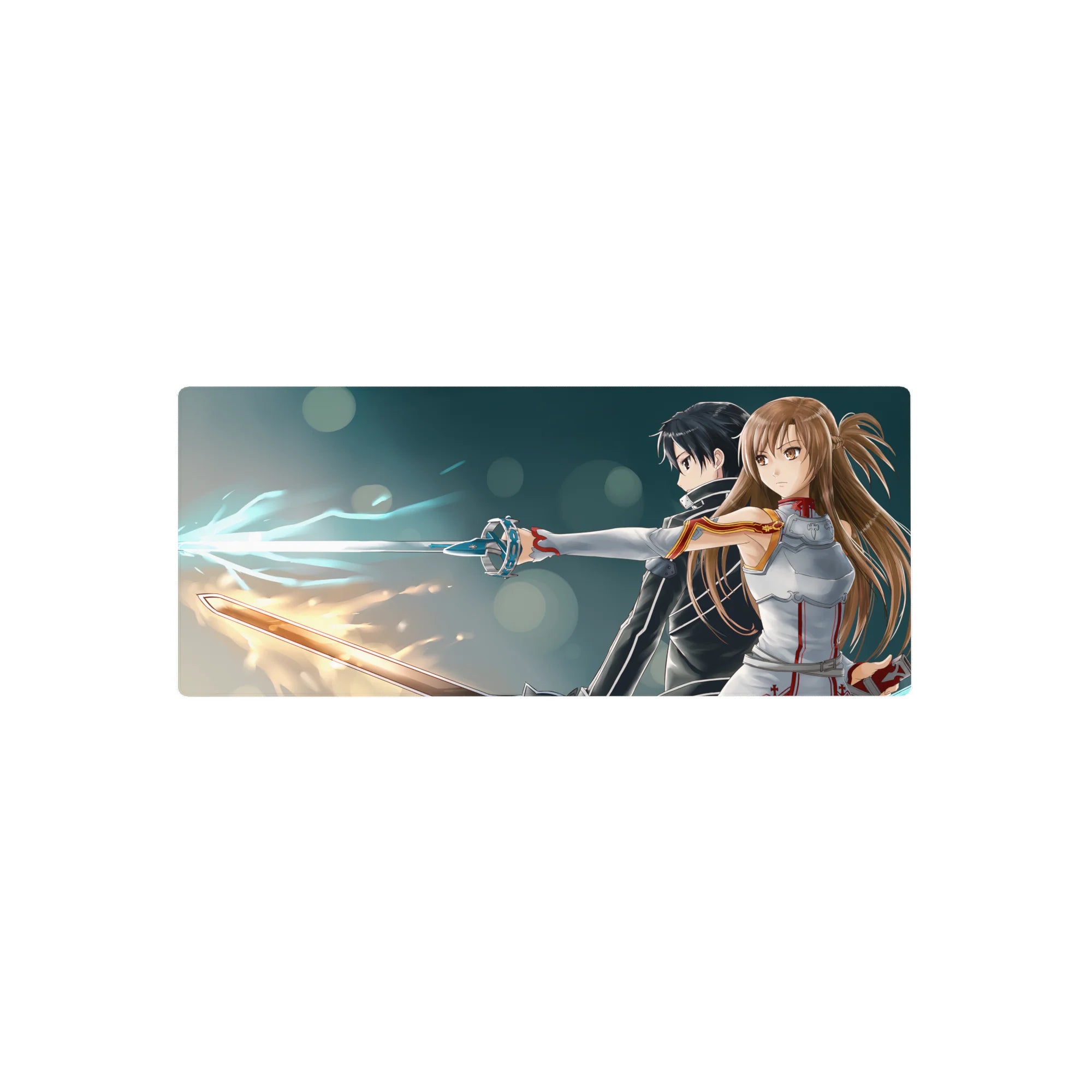 Anime mouse pad 28x12 inches featuring Kirito and Asuna from Sword Art Online, swords glowing blue and amber.
