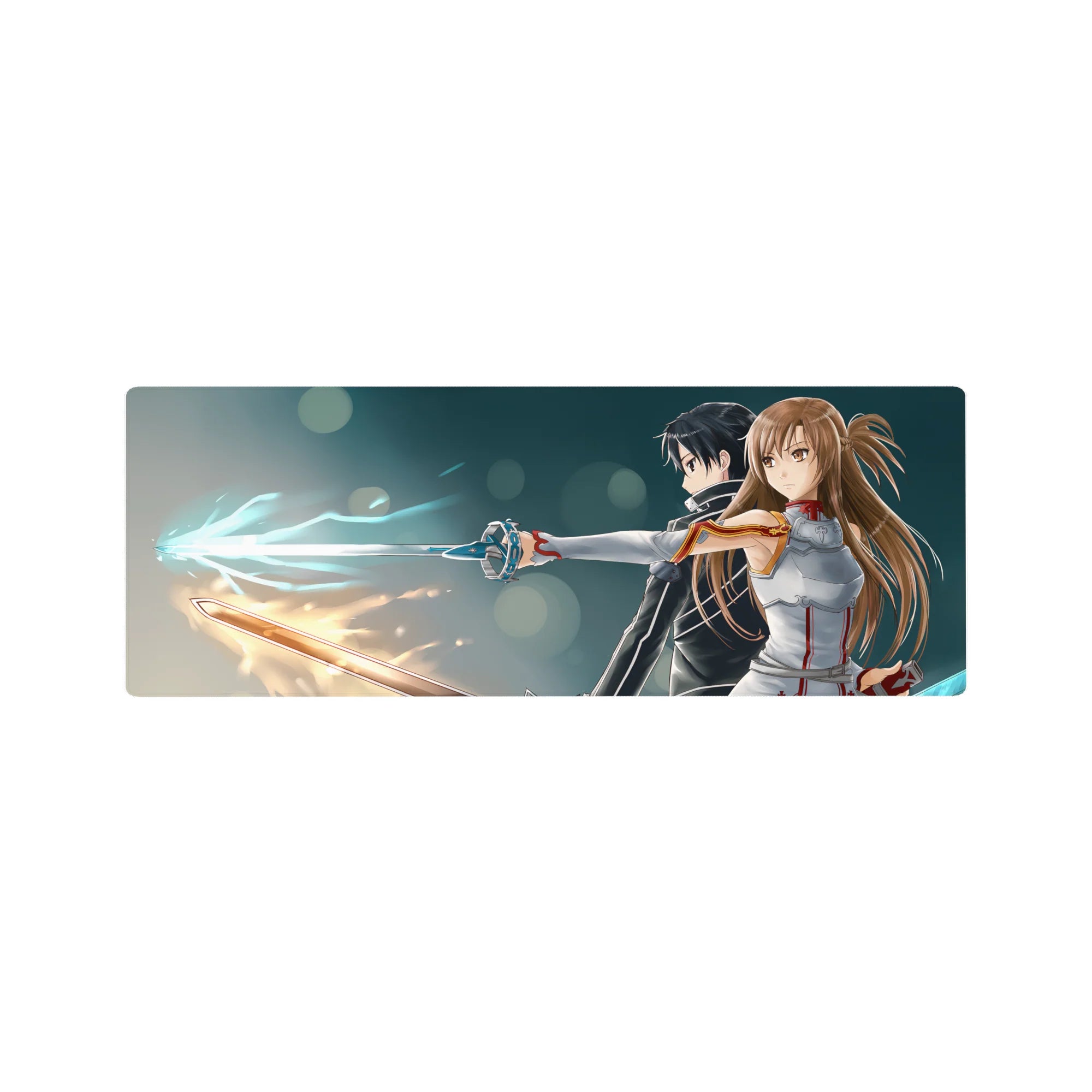 Sword Art Online anime mouse pad 32x12 inches featuring Kirito and Asuna, their swords glowing blue and amber, in dynamic poses.