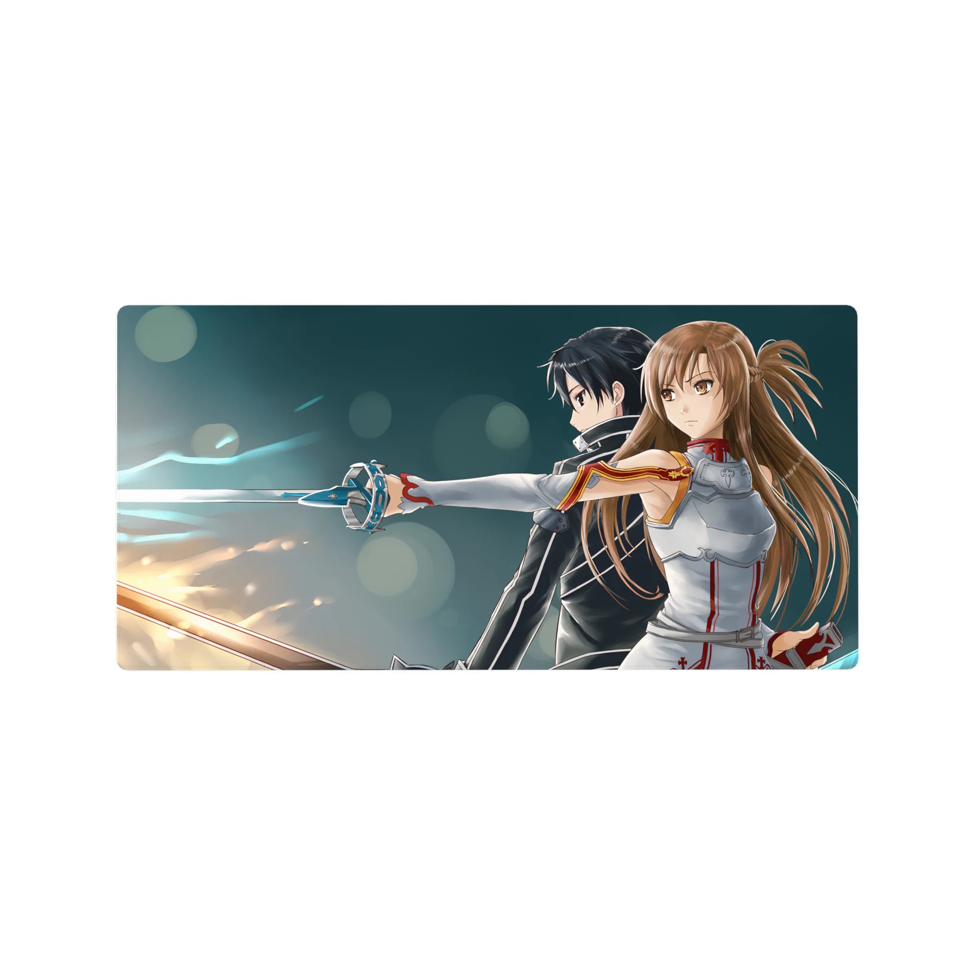 Sword Art Online mouse pad featuring Kirito and Asuna, 32x16 inches. Dynamic poses and vibrant colors capture Aincrad's essence.