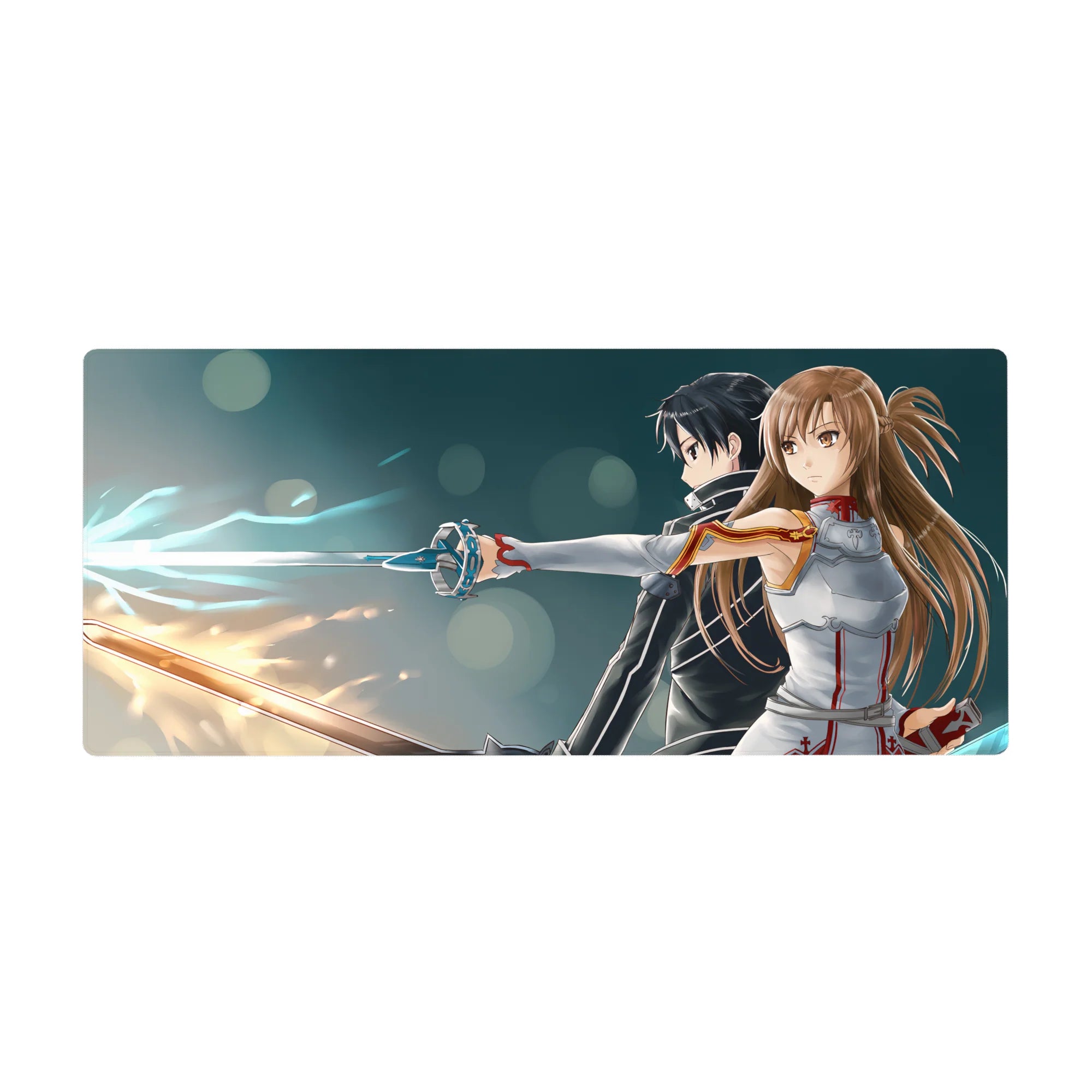 Anime mouse pad 36x16 inches featuring Kirito and Asuna from Sword Art Online, swords glowing blue and amber, intense pose.