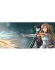 Anime mouse pad 36x16 inches featuring Kirito and Asuna from Sword Art Online, swords glowing blue and amber, intense pose.