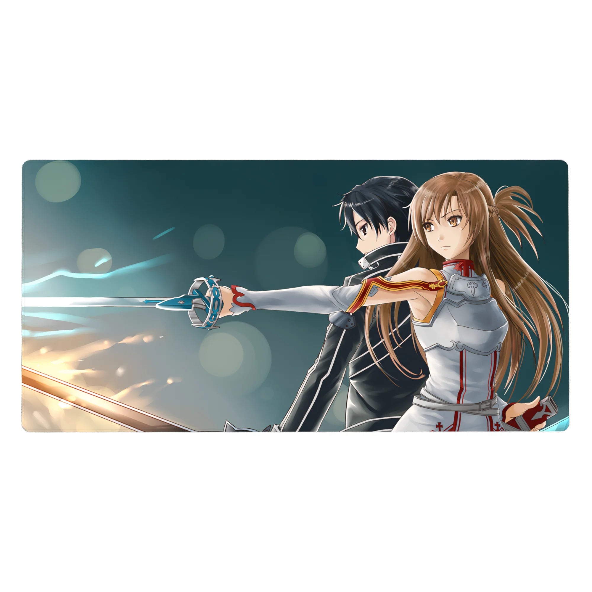 Anime mouse pad 40x20 inches featuring Sword Art Online's Kirito and Asuna, swords glowing blue and amber, in sync.