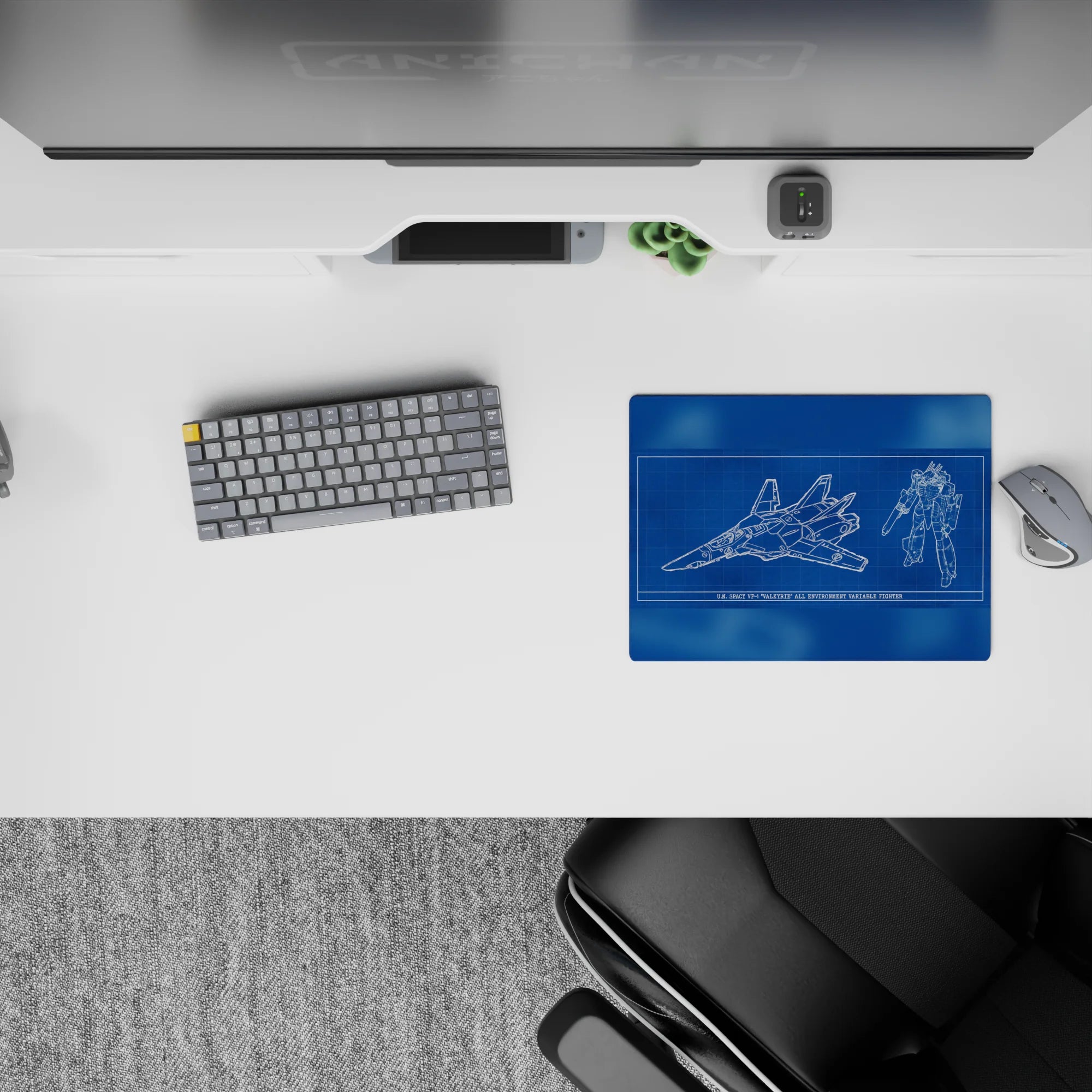 14x10 inches cobalt blue grid mouse pad with crisp white sci-fi blueprint lines, clean nerdy vibe.
