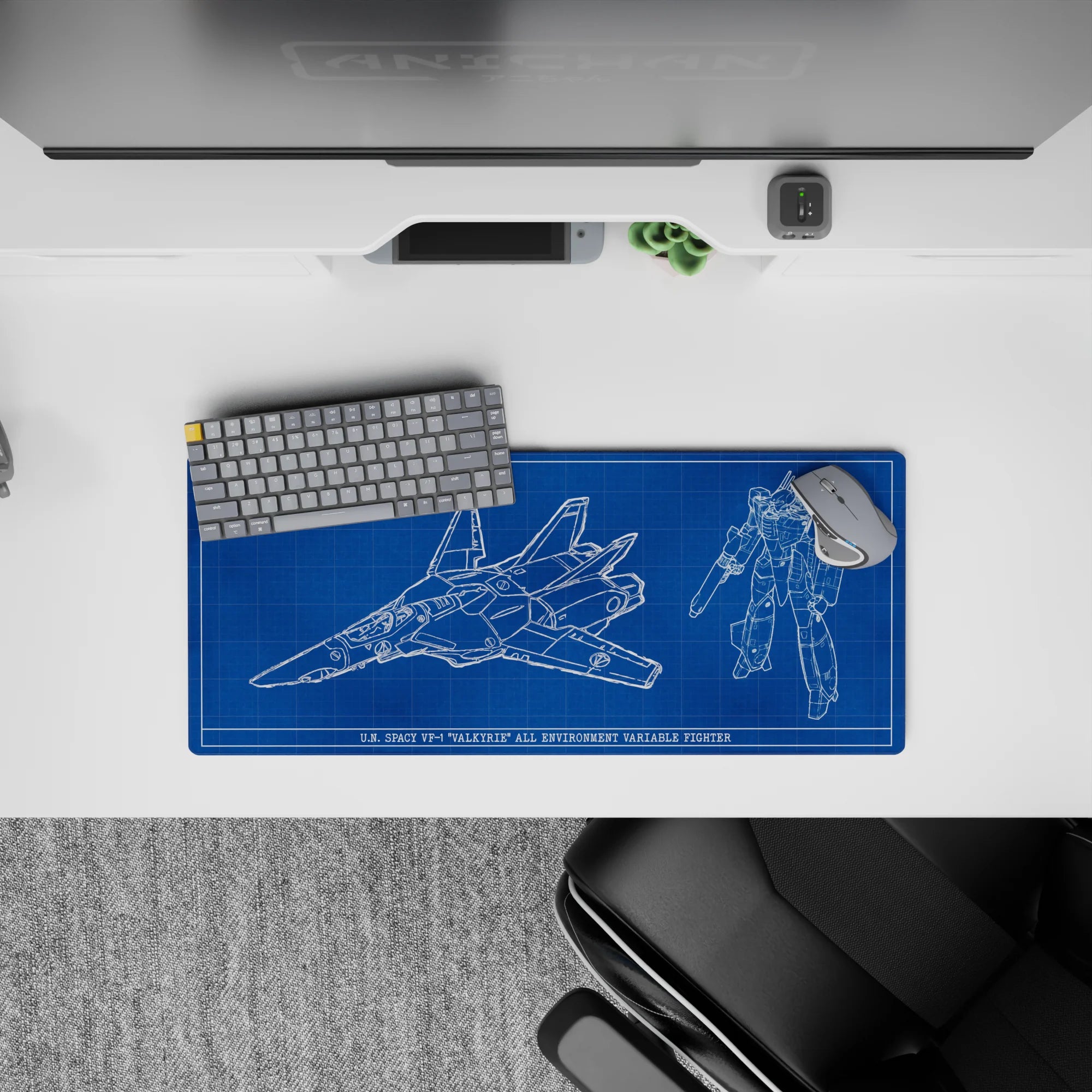 28x12 inches anime mouse pad in deep cobalt with crisp white blueprint lines for clean sci-fi desk vibes.