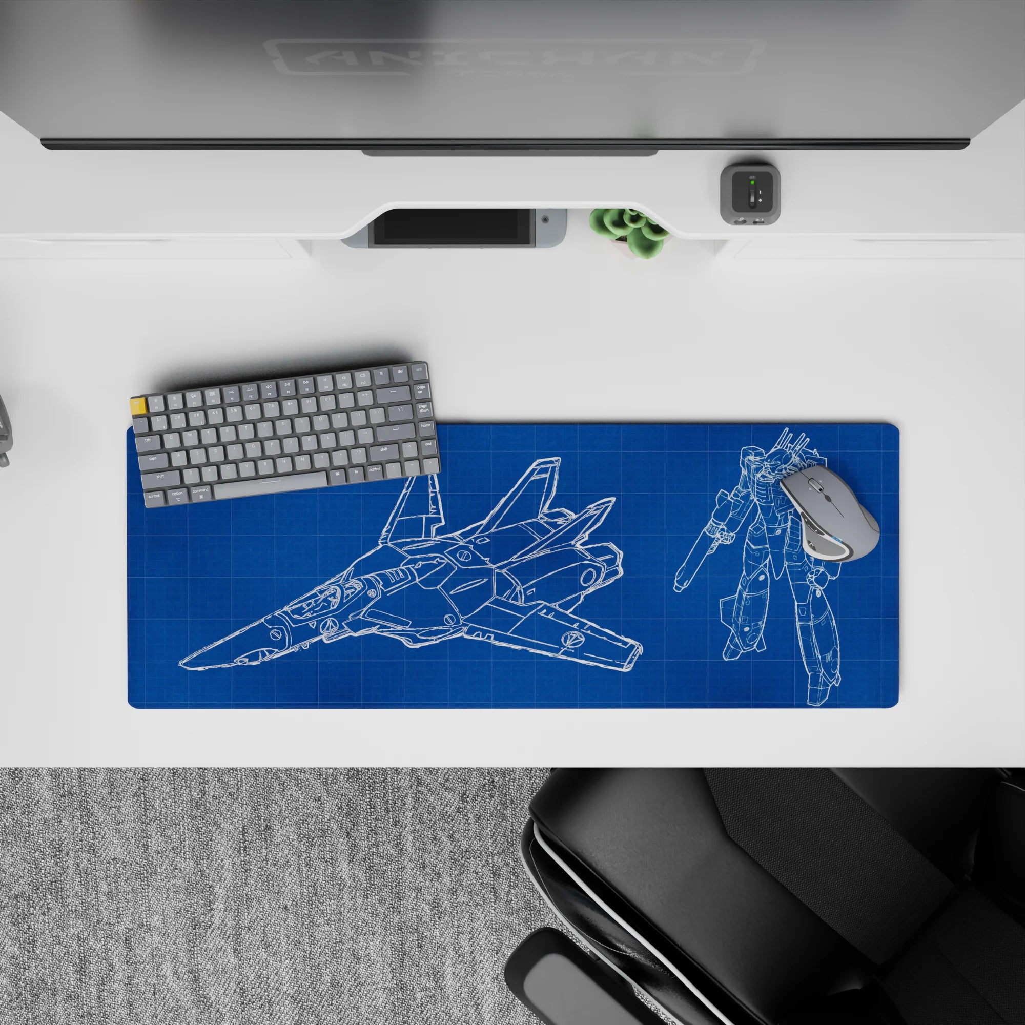 32x12 inches anime mouse pad in deep cobalt with crisp white line art, clean sci-fi blueprint vibe.
