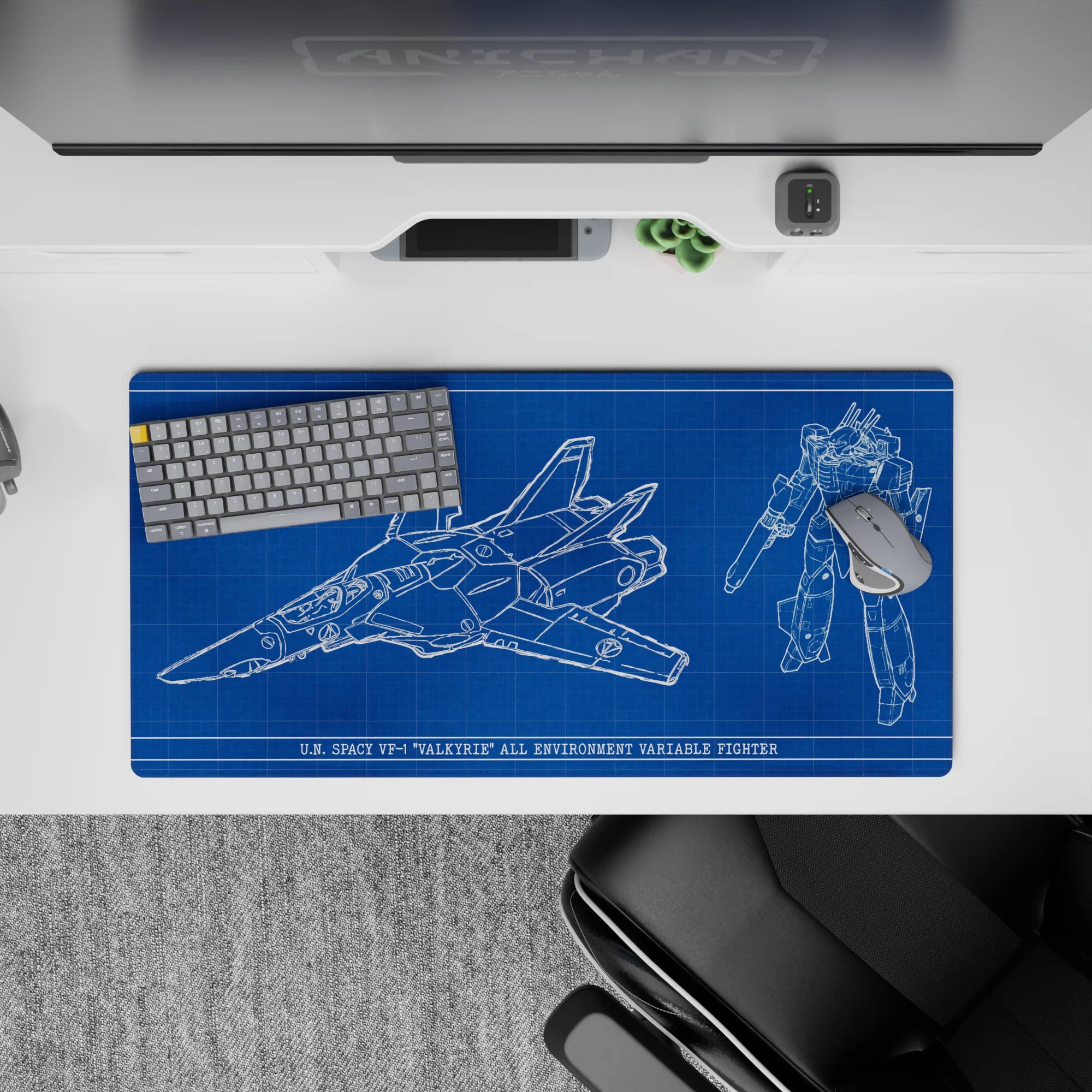 32x16 inches anime mouse pad in deep cobalt with crisp white mech schematics, clean sci-fi vibe.