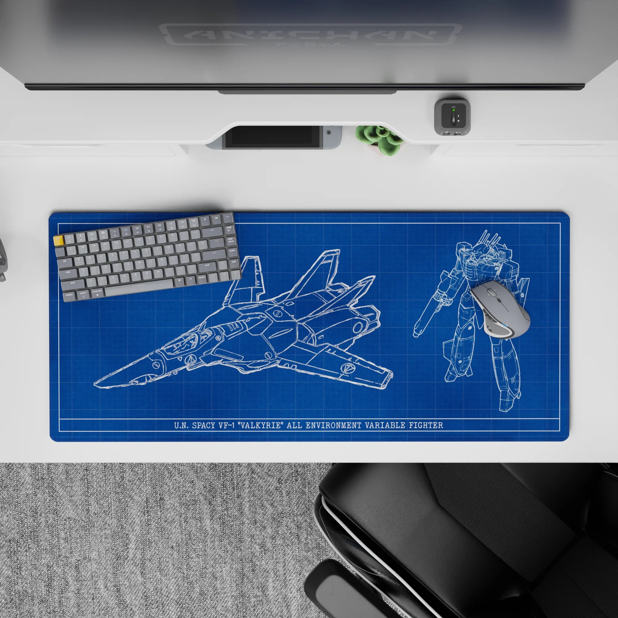 Deep cobalt blueprint vibe anime desk pad with crisp white line art, calming sci-fi mood, 36x16 inches.
