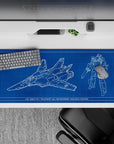 Deep cobalt blueprint vibe anime desk pad with crisp white line art, calming sci-fi mood, 36x16 inches.