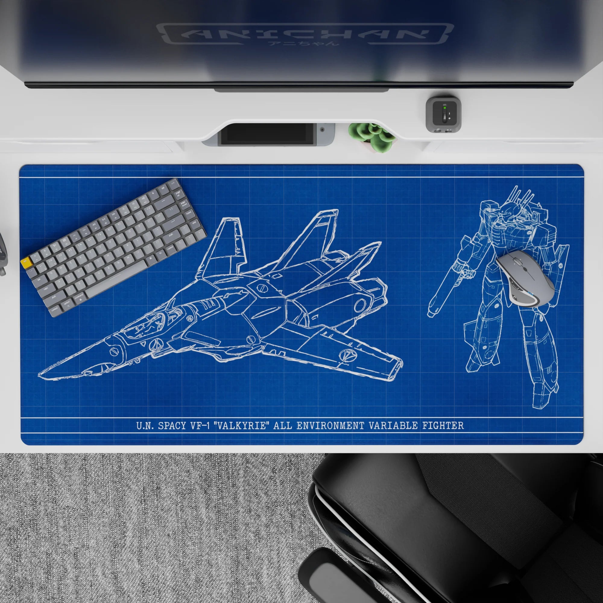 40x20 inches anime desk pad in deep cobalt with crisp white schematic lines, clean sci-fi vibe.