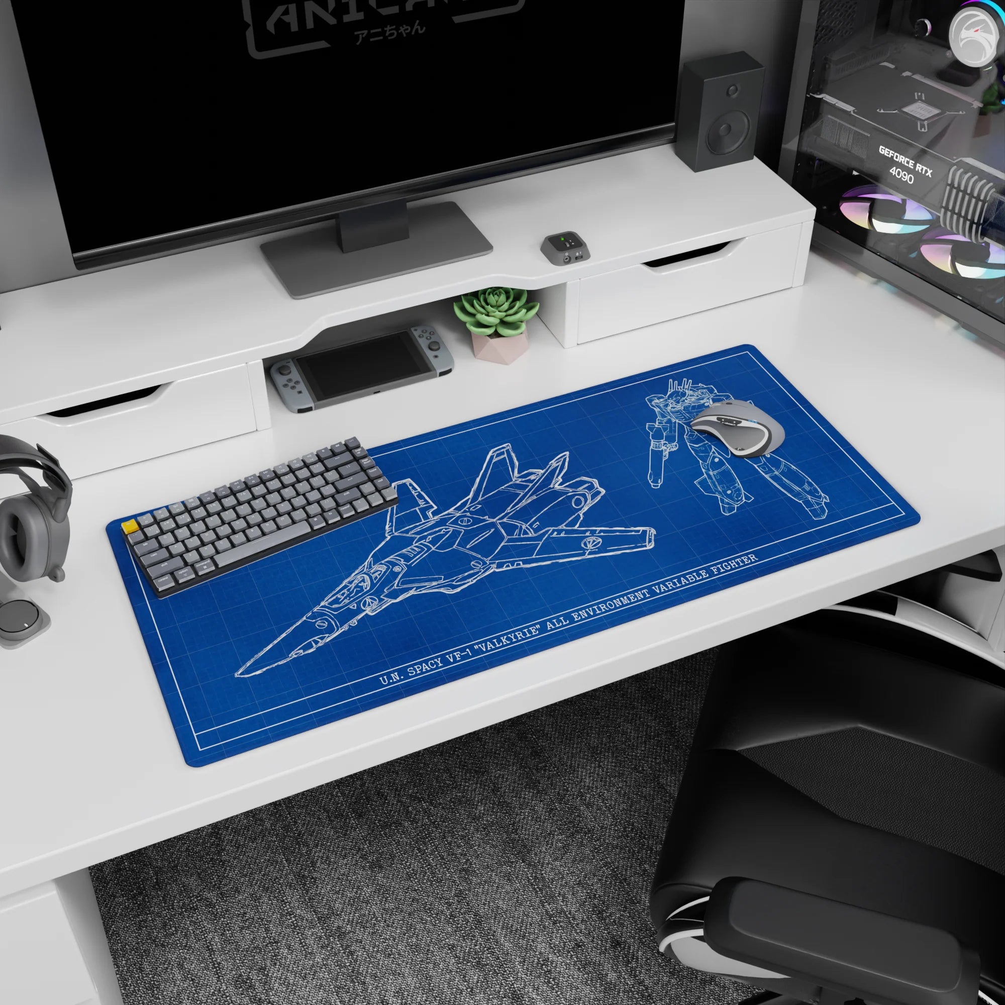U.N. Spacy VF-1 Valkyrie schematic anime desk pad, fighter left and Battroid right, 36x16 inches.