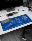 U.N. Spacy VF-1 Valkyrie schematic anime desk pad, fighter left and Battroid right, 36x16 inches.