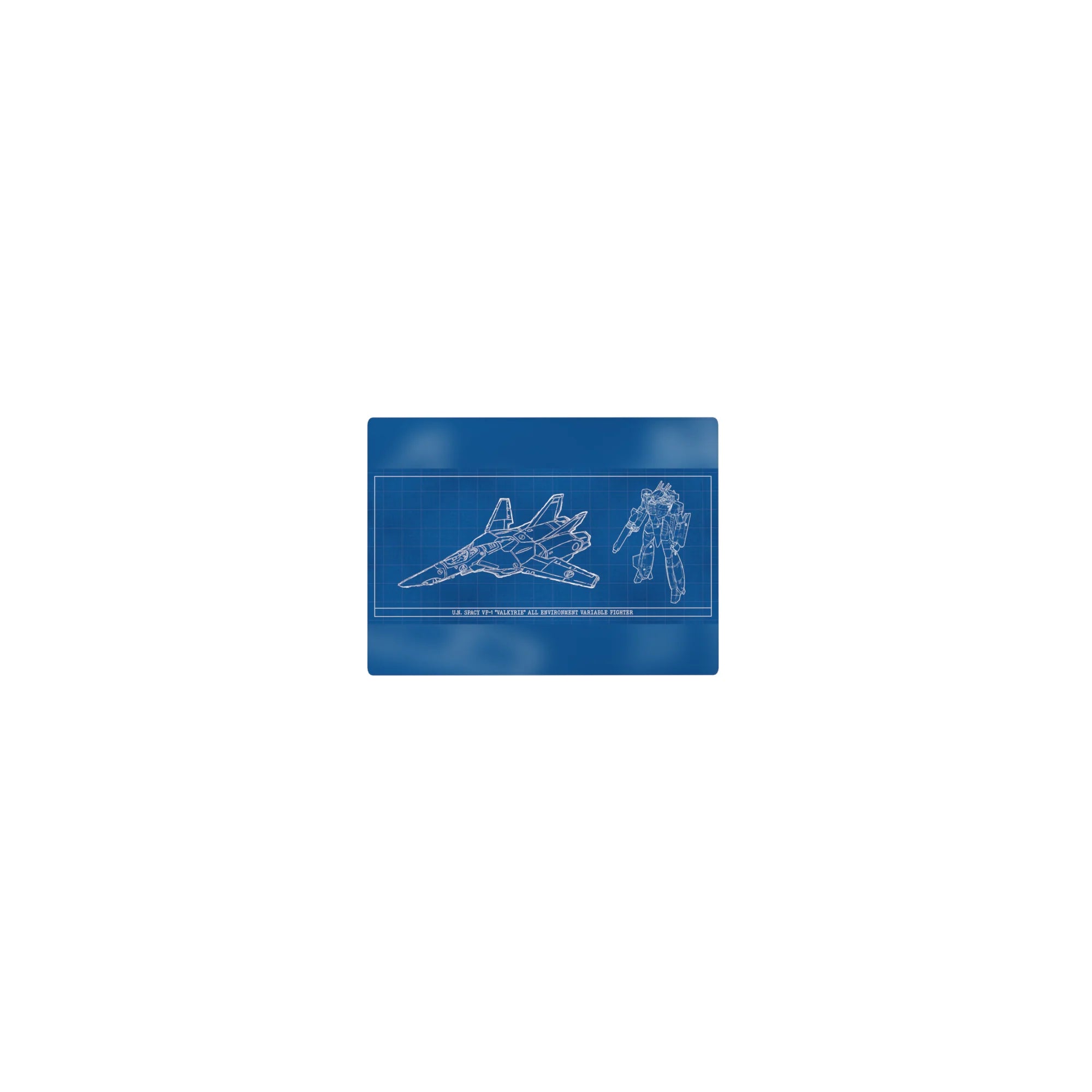 14x10 inches Macross VF-1 Valkyrie blueprint grid anime mouse pad with fighter and battroid views.