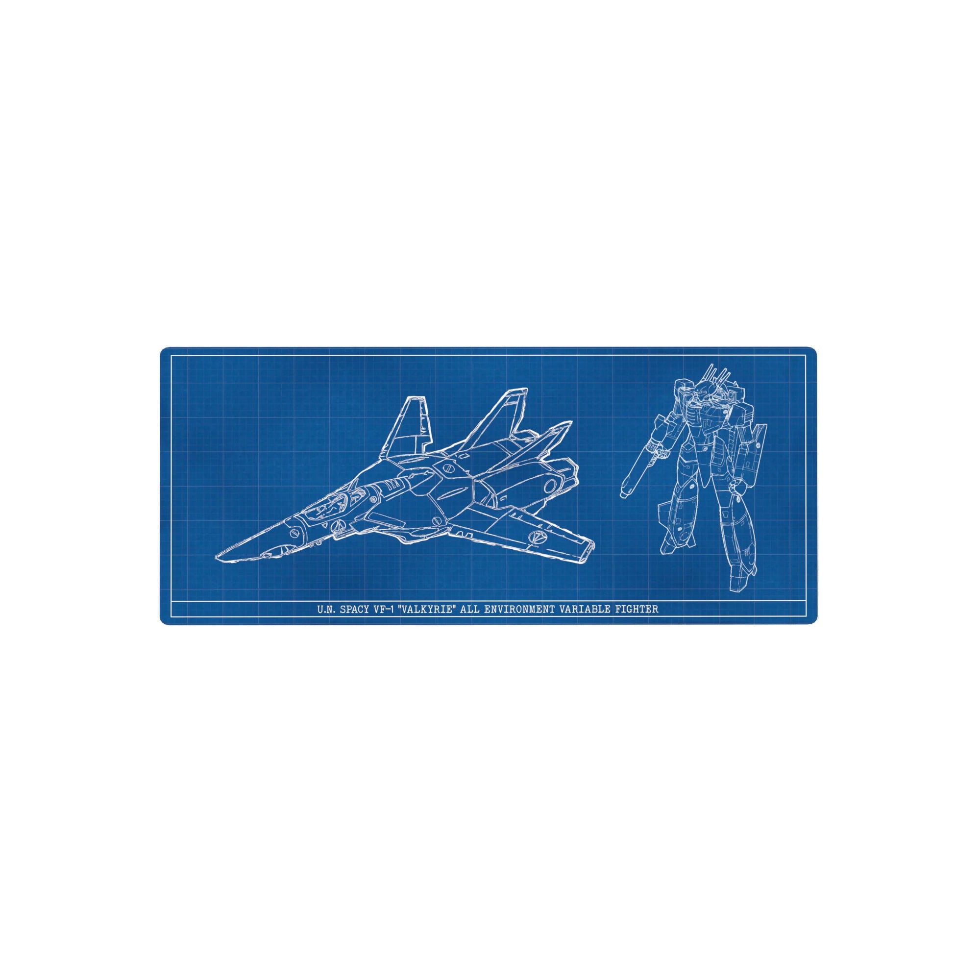 28x12 inches anime mouse pad with Macross VF-1 Valkyrie blueprint grid in fighter and battroid modes.