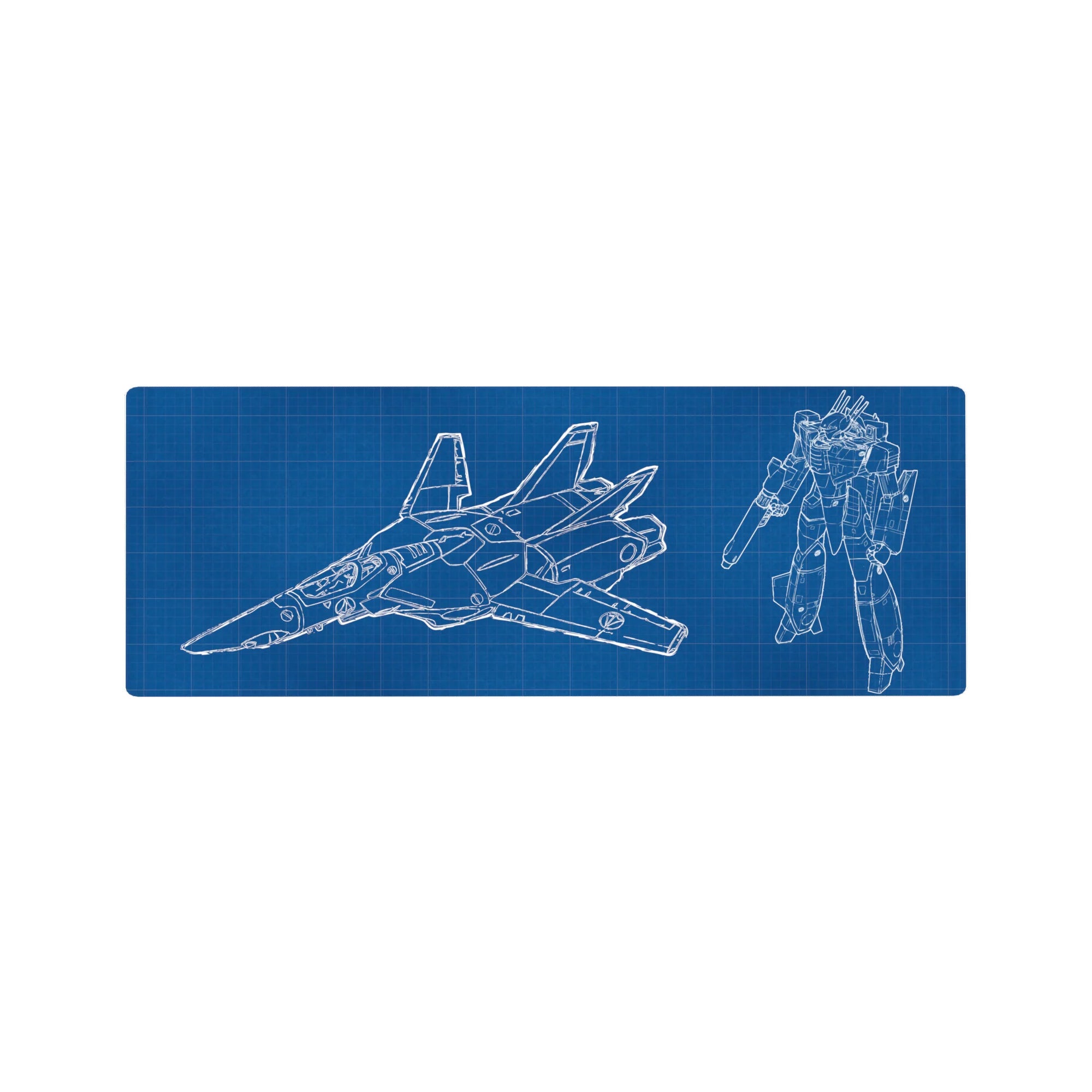 32x12 inches anime mouse pad with Macross VF-1 Valkyrie blueprint grid, Fighter and Battroid views.