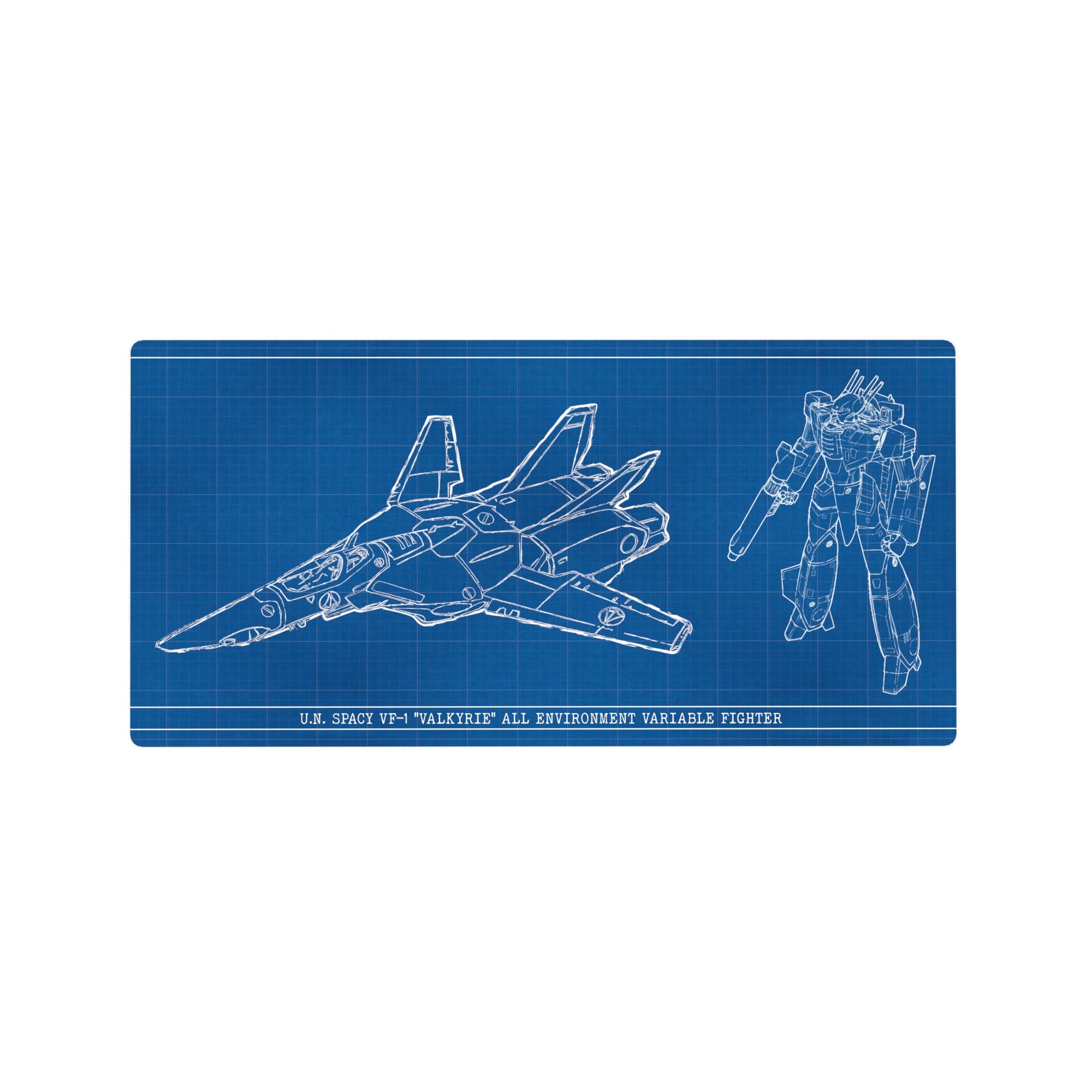 32x16 inches anime mouse pad with VF-1 Valkyrie blueprint grid, Fighter and Battroid line art.