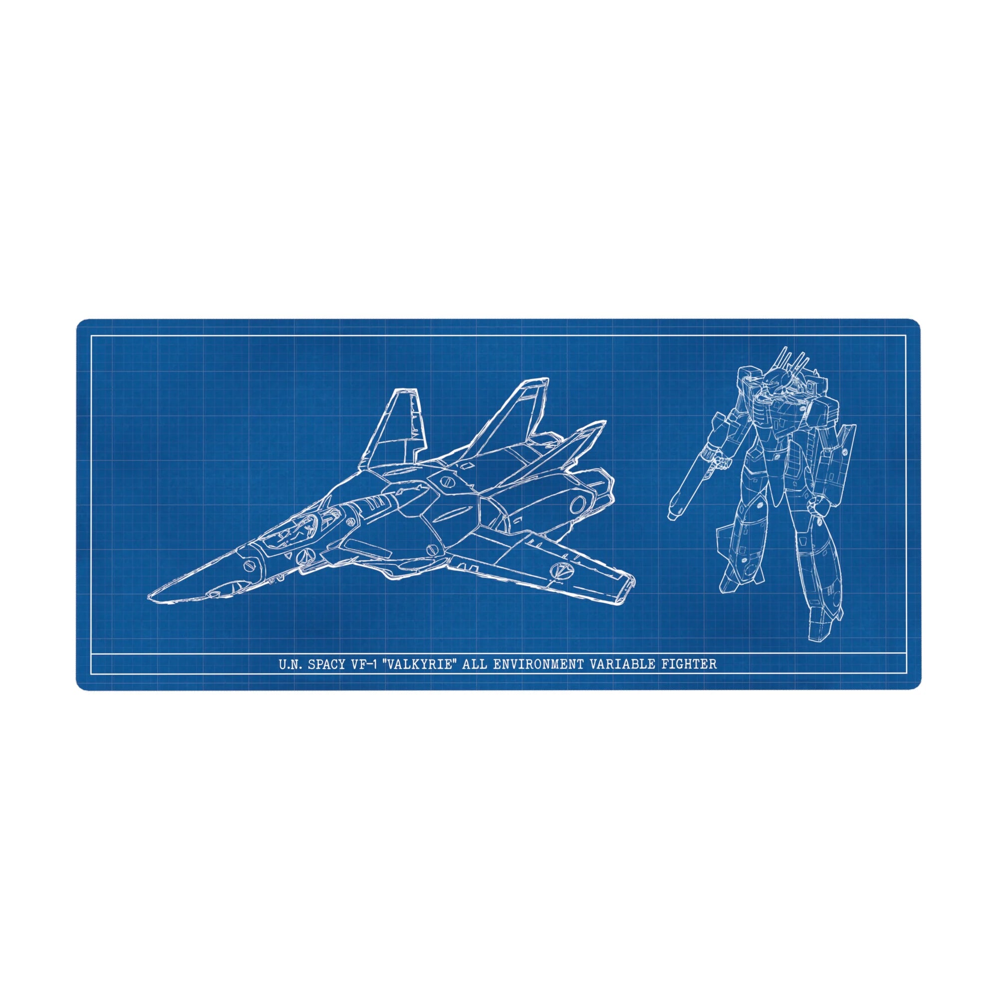 Macross VF-1 Valkyrie blueprint grid anime desk pad, fighter and Battroid views, 36x16 inches.
