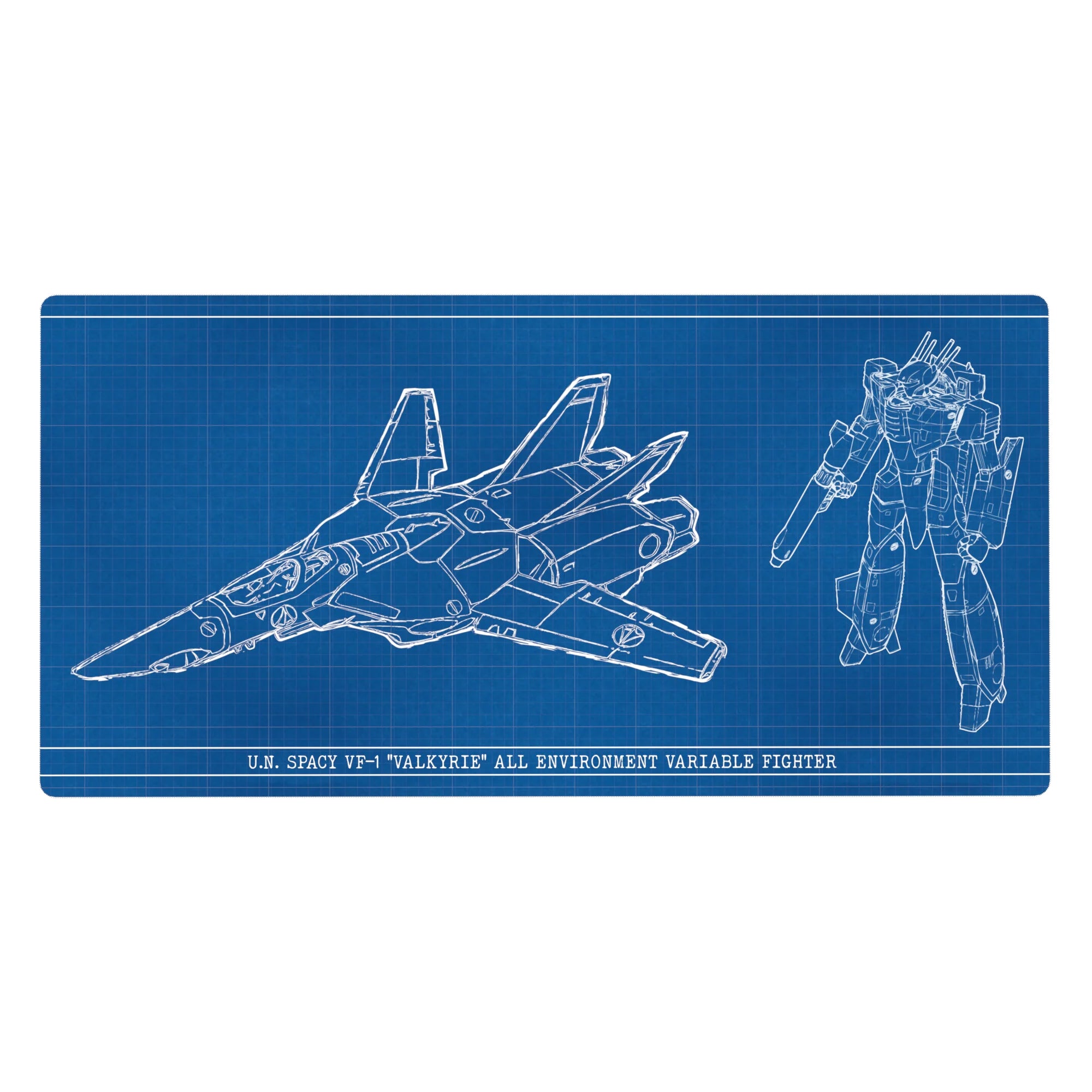 40x20 inches anime desk pad with VF-1 Valkyrie blueprint grid, fighter and Battroid line art.