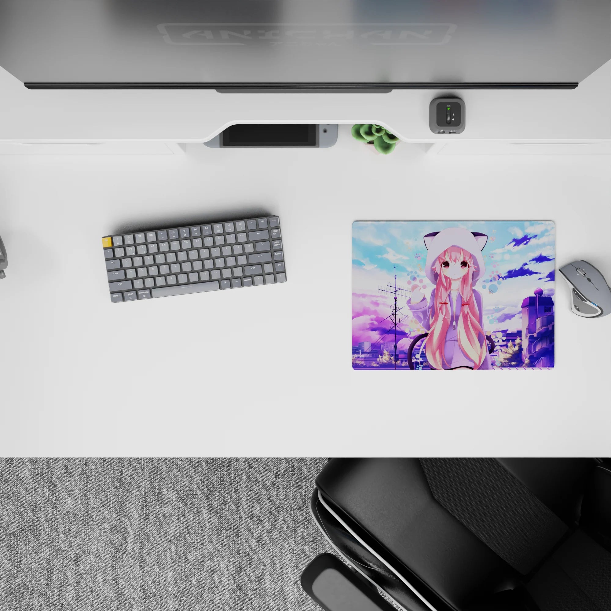 Pastel lavender and cotton-candy blue anime mouse pad 14x10 inches, calm cute vibe for desk setups.