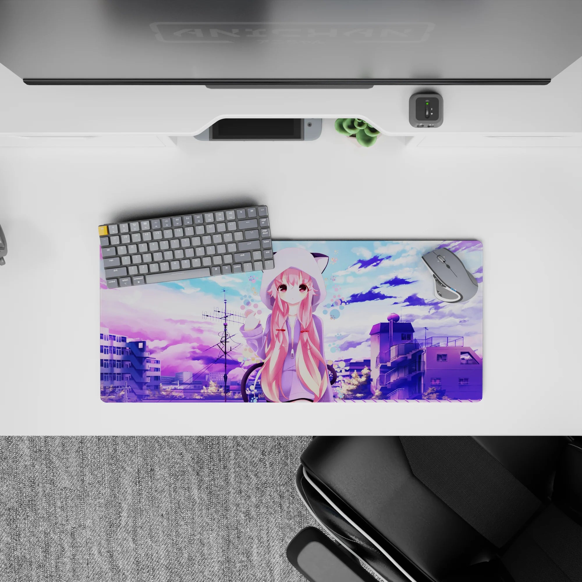 28x12 inches pastel kawaii mouse pad in lavender and cotton-candy blue, calm vibe with playful dots.