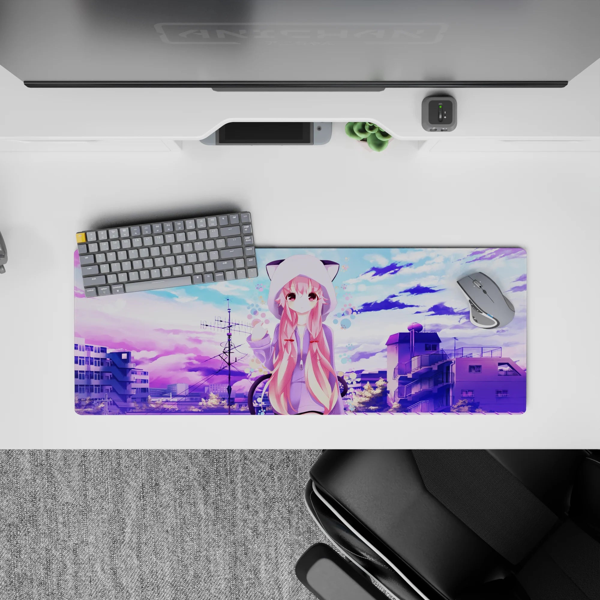32x12 inches pastel anime mouse pad in lavender and cotton-candy blue, calm cute vibes for desk setup.