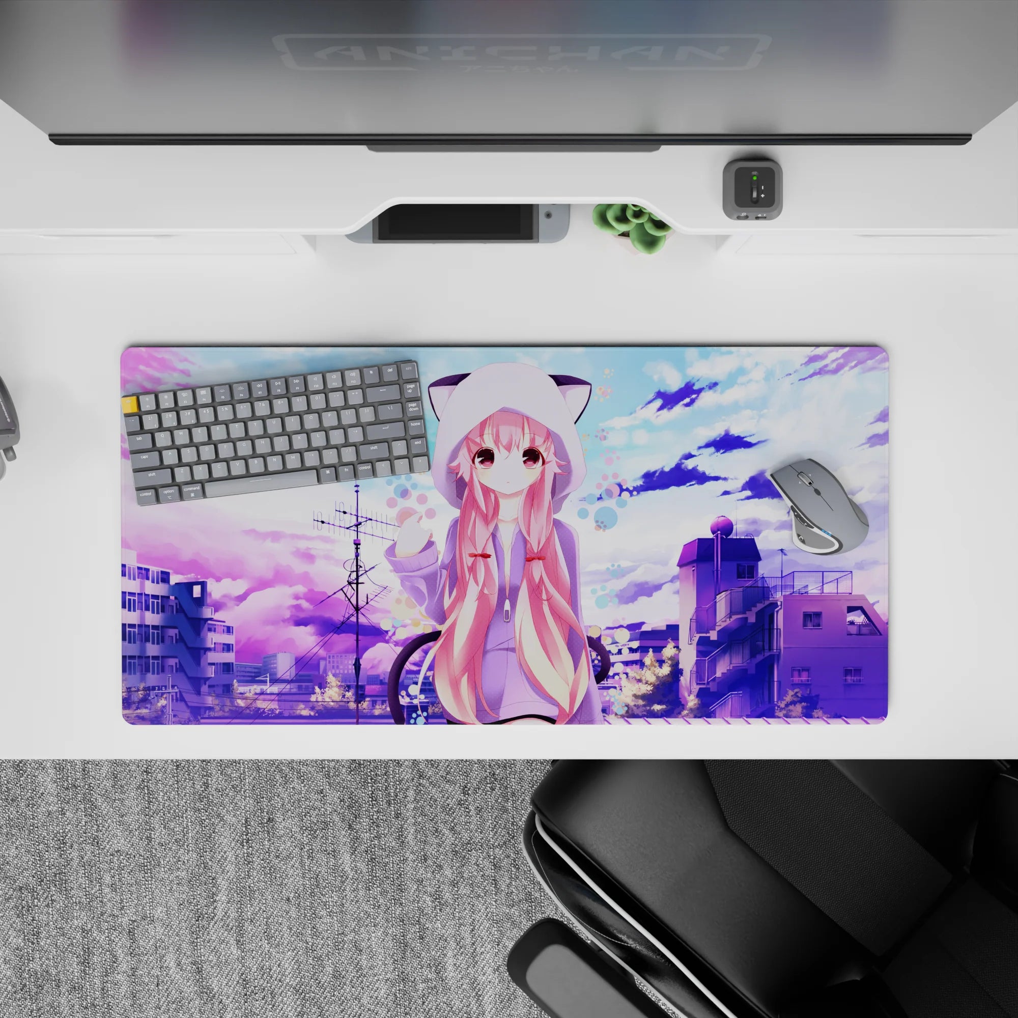 Pastel lavender and cotton-candy blue anime girl mouse pad 32x16 inches, calm cute vibes for desk setup.