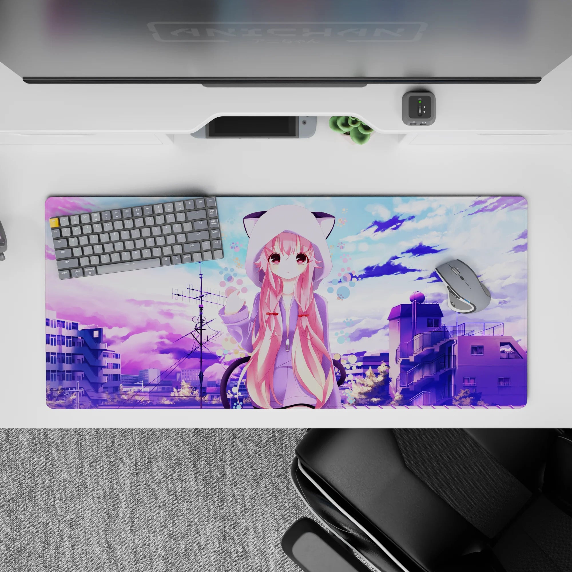 36x16 inches anime desk pad in soft lavender and cotton-candy blue with calm, cute bubble-dot accents.