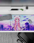 36x16 inches anime desk pad in soft lavender and cotton-candy blue with calm, cute bubble-dot accents.