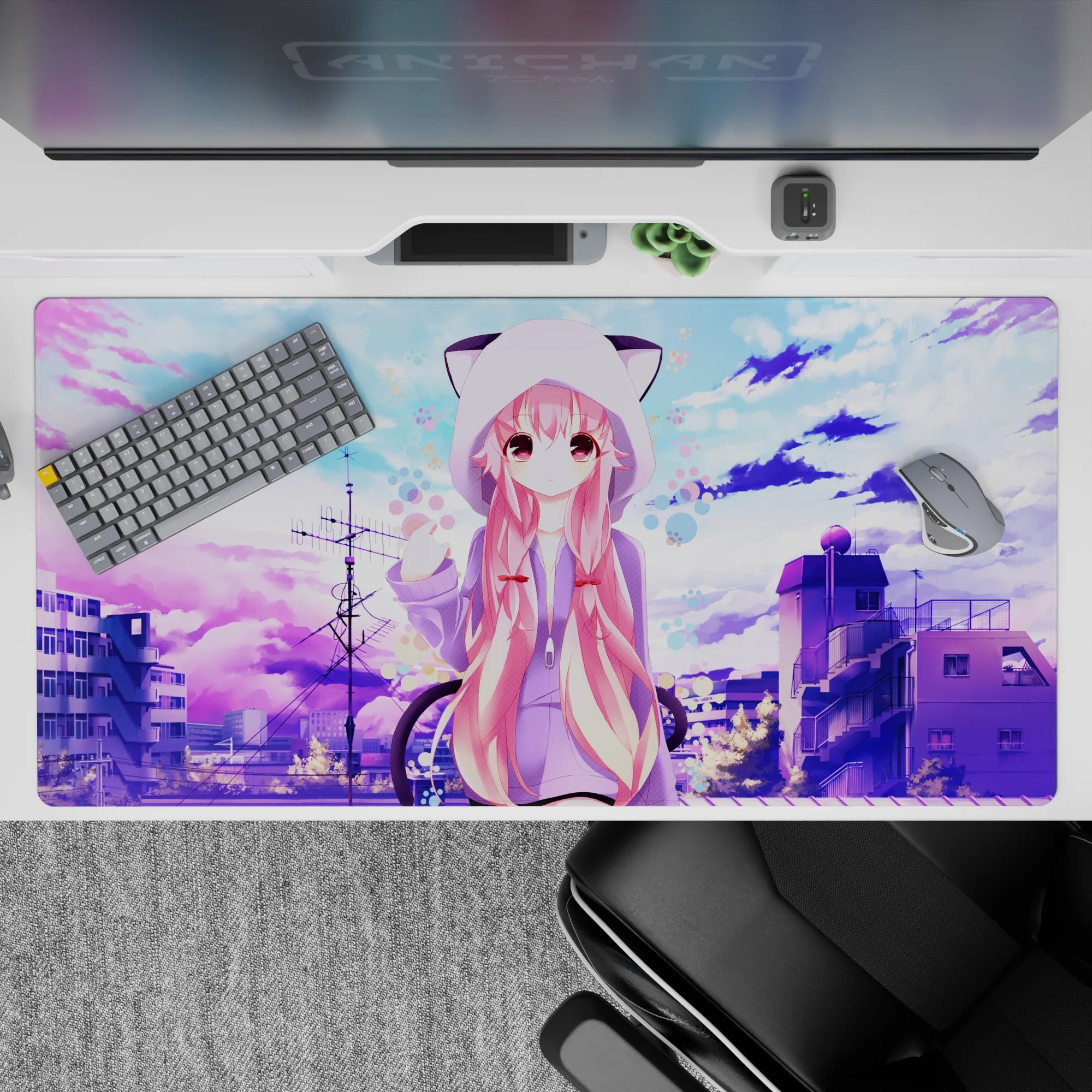 Pastel lavender and cotton-candy blue anime desk pad 40x20 inches with calm, cute bubble dot vibes.