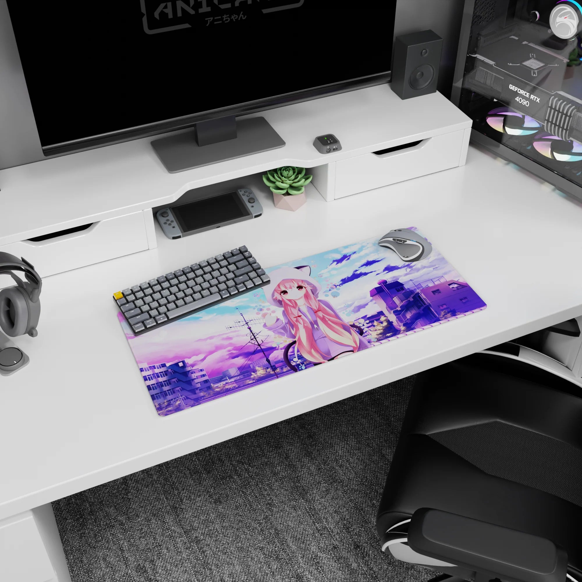 28x12 inches anime mouse pad showing shy pink-haired girl waving on a rooftop under pastel skies.