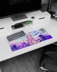 28x12 inches anime mouse pad showing shy pink-haired girl waving on a rooftop under pastel skies.
