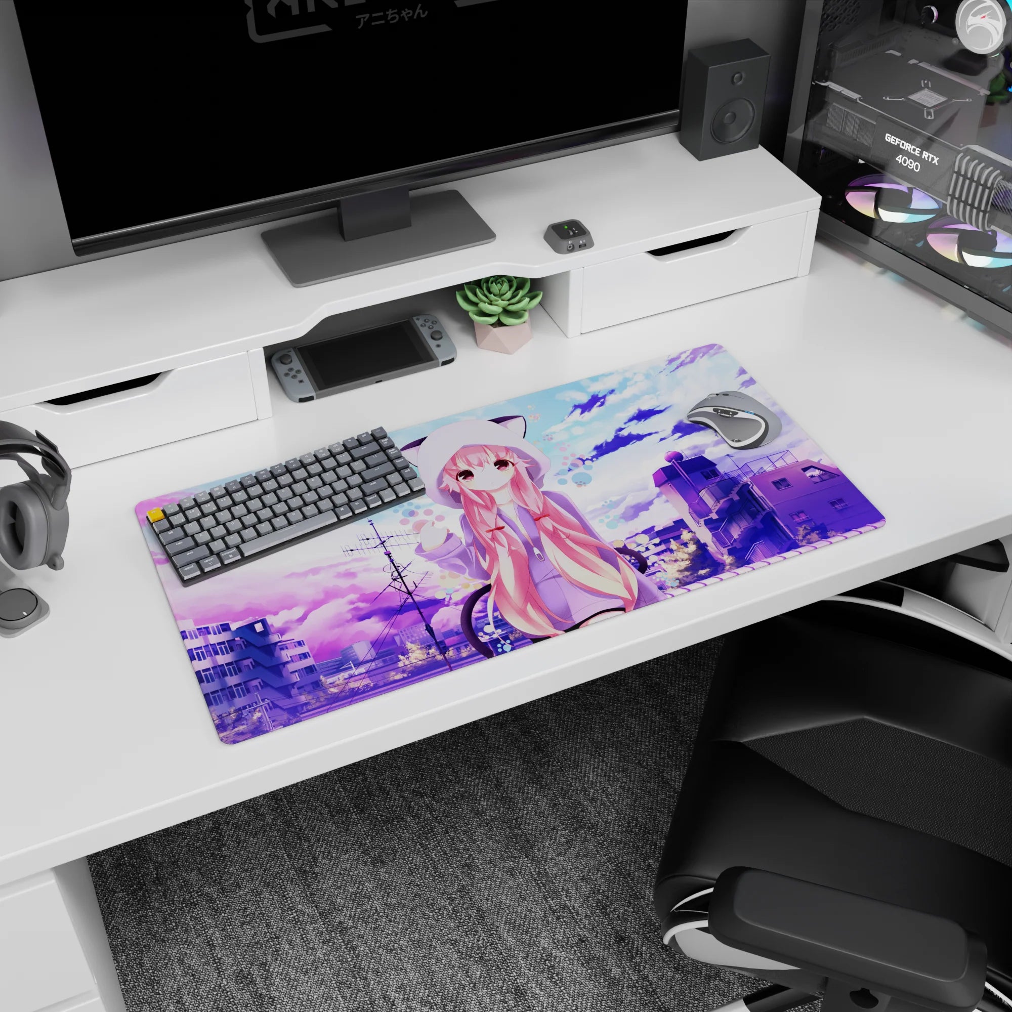 Pink twin-tail anime girl waving on rooftop, cozy cat-ear hoodie mouse pad 32x16 inches, crisp print.