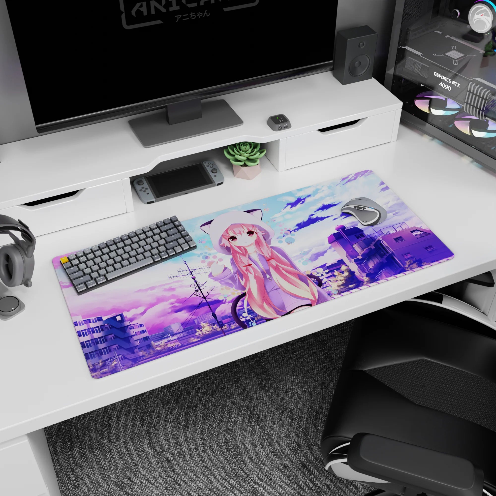 36x16 inches desk pad featuring shy pink twin-tail anime girl waving hello in a cozy cat-ear hoodie.