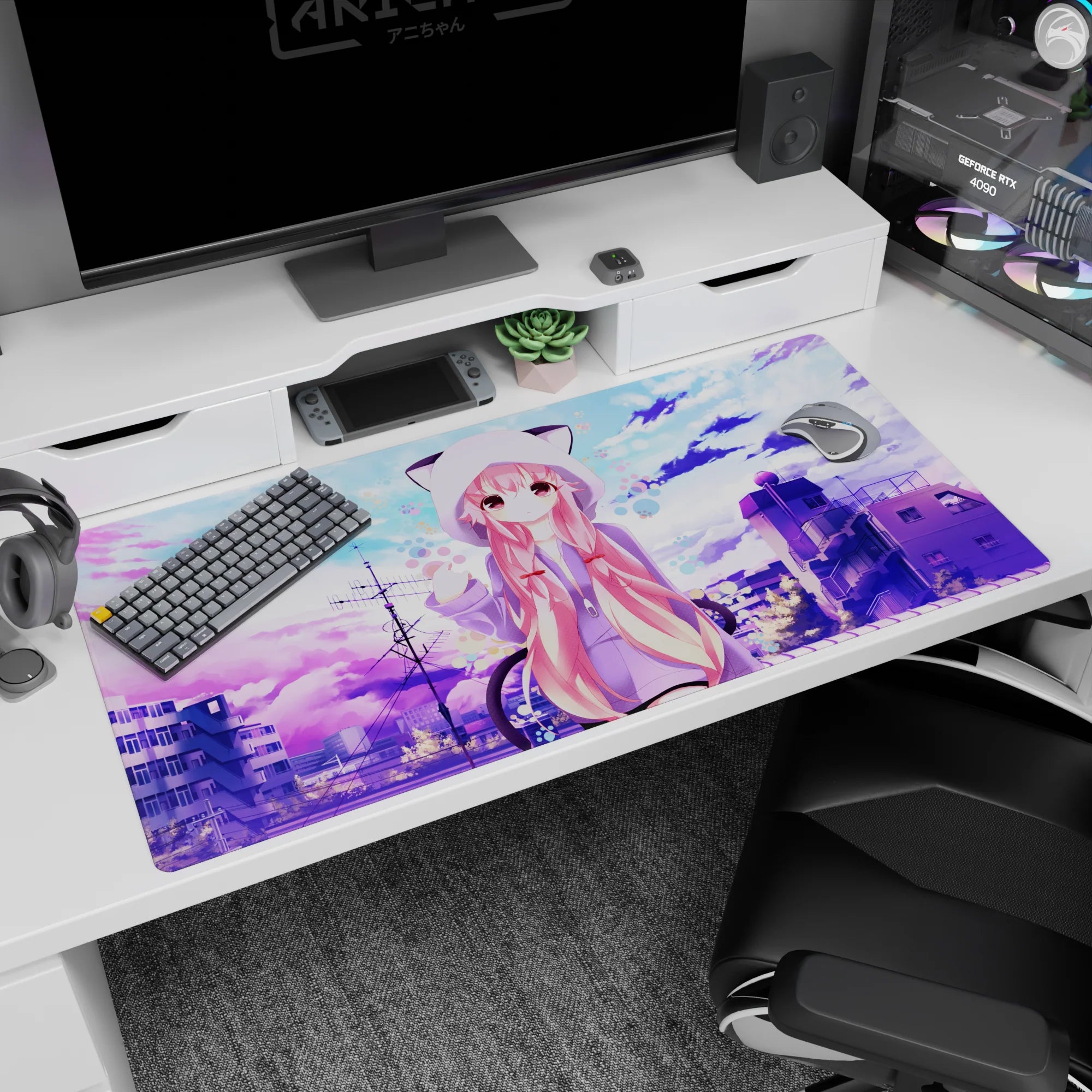 Pink-haired anime girl waving on a rooftop desk pad 40x20 inches, twin locks and bubble dots around her.