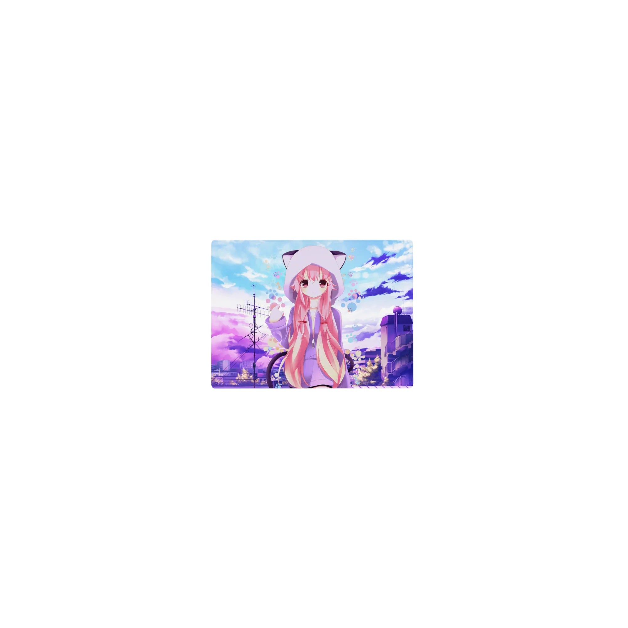 Classic anime girl mouse pad 14x10 inches with pink-haired hoodie girl, pastel skyline, and bubble dots.