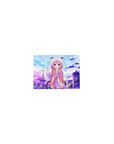 Classic anime girl mouse pad 14x10 inches with pink-haired hoodie girl, pastel skyline, and bubble dots.
