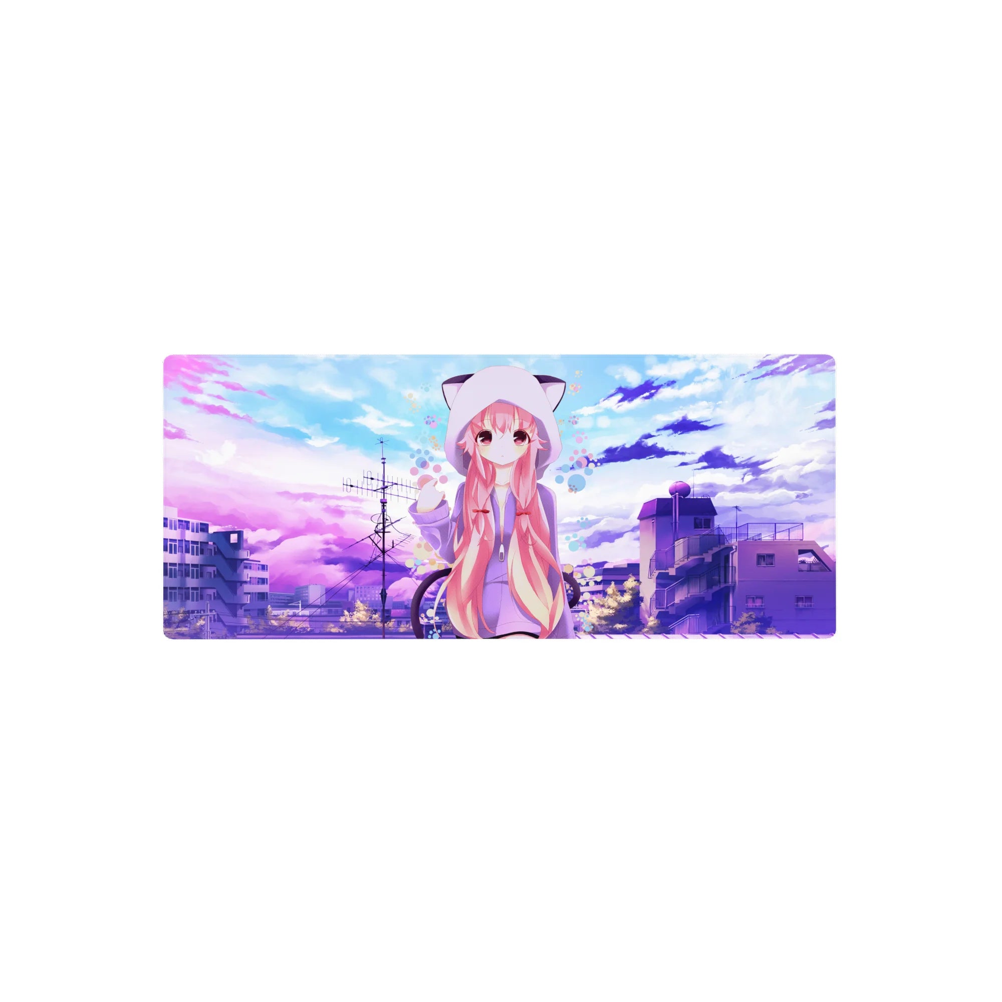 28x12 inches anime girl mouse pad with pink-haired girl in cat-ear hoodie, city rooftops and bubbles.