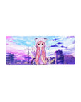 28x12 inches anime girl mouse pad with pink-haired girl in cat-ear hoodie, city rooftops and bubbles.