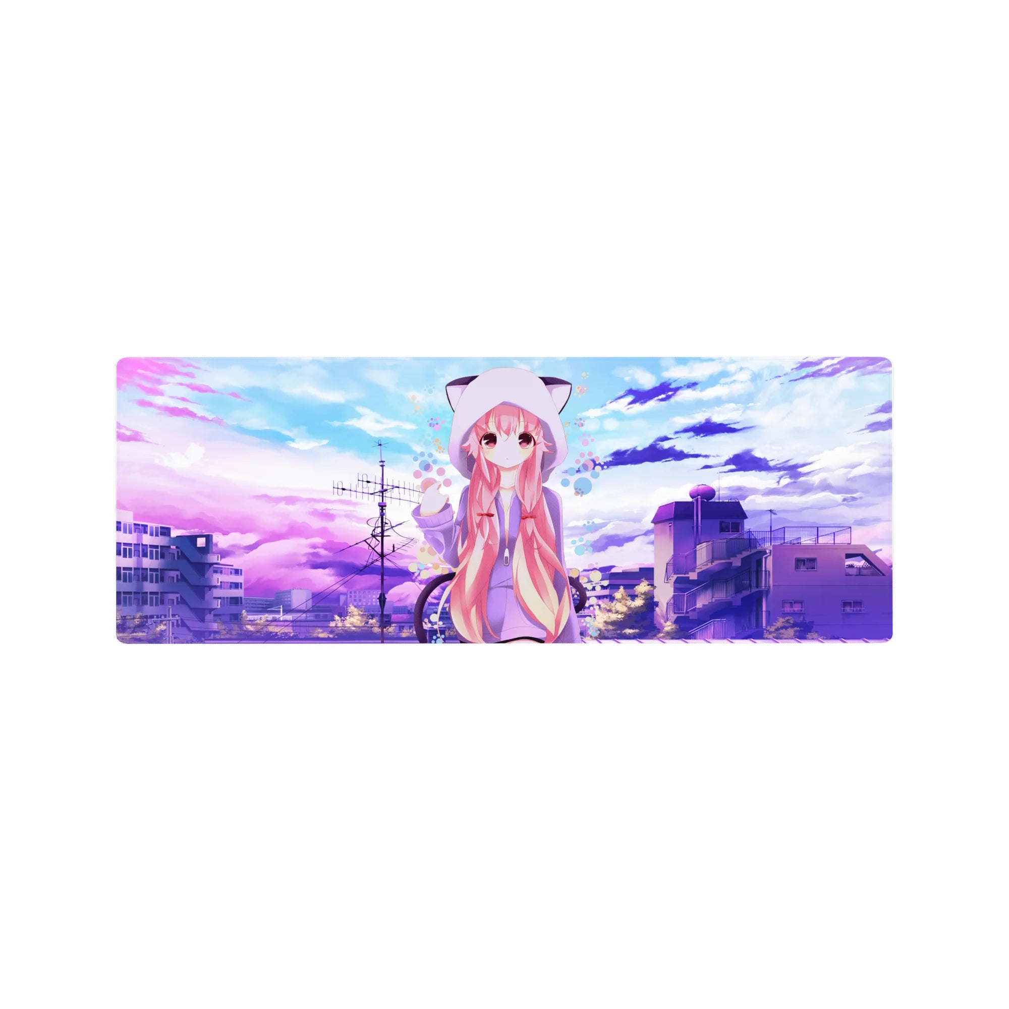 32x12 inches anime girl mouse pad with pink-haired hoodie girl, pastel skyline rooftops, bubble dots.