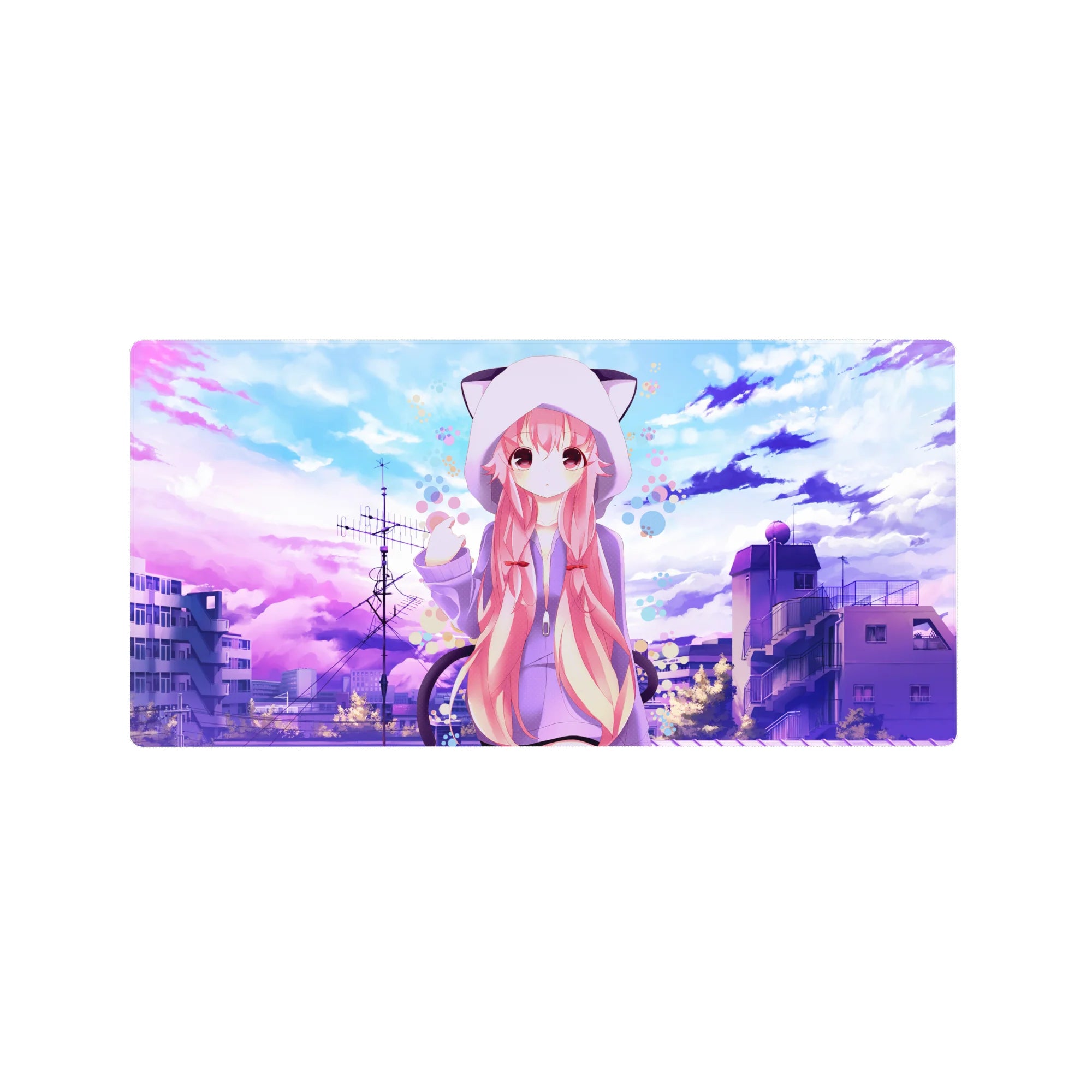 Anime girl mouse pad 32x16 inches with pink-haired girl in cat-ear hoodie, bubble dots, city rooftop sky.