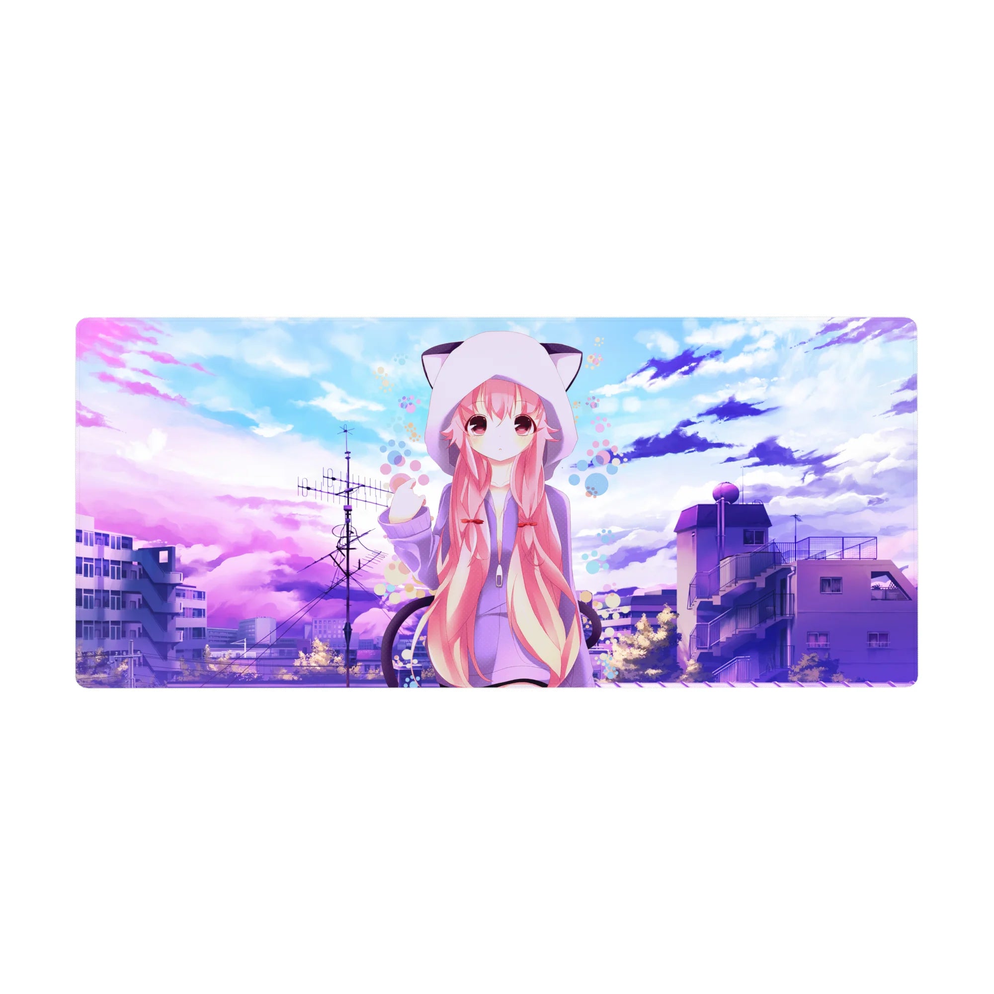 36x16 inches anime girl desk pad with pink-haired girl in cat-ear hoodie, rooftop pastel sky scene.