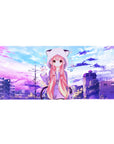 36x16 inches anime girl desk pad with pink-haired girl in cat-ear hoodie, rooftop pastel sky scene.