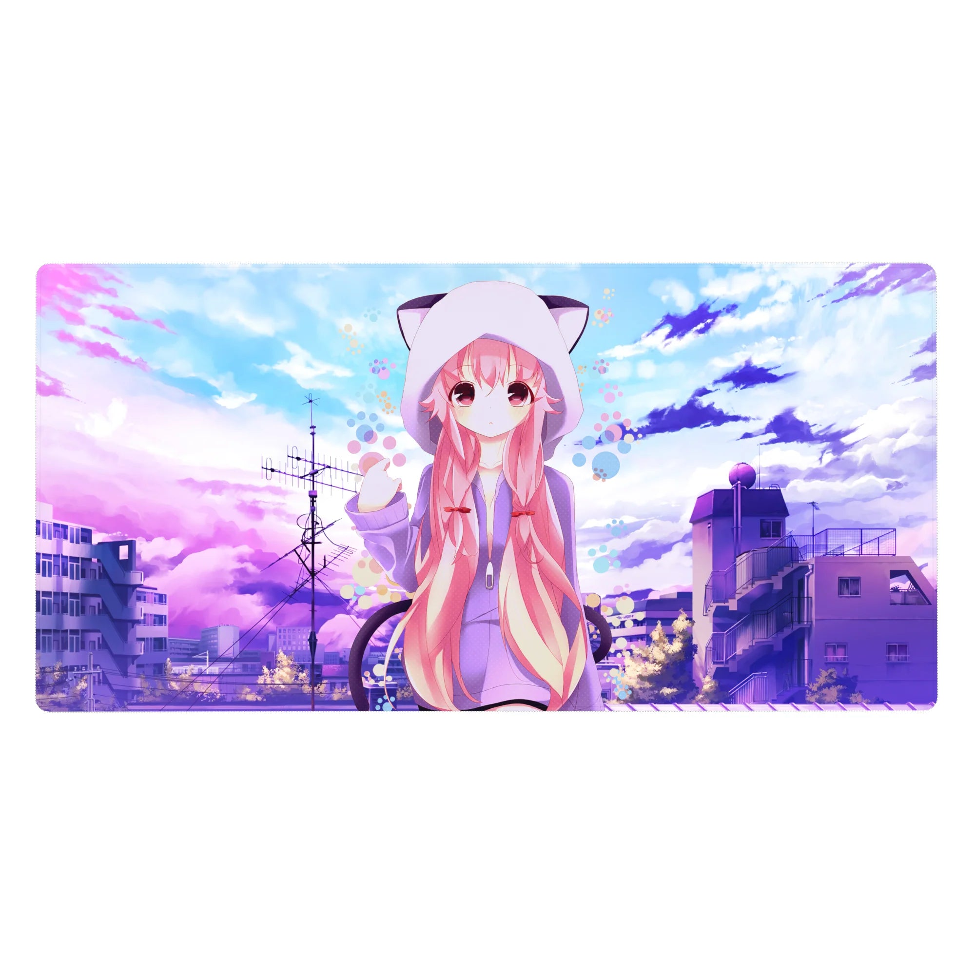 Anime girl desk pad 40x20 inches with pink-haired girl in cat-ear hoodie over pastel city rooftops.