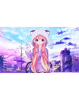 Anime girl desk pad 40x20 inches with pink-haired girl in cat-ear hoodie over pastel city rooftops.