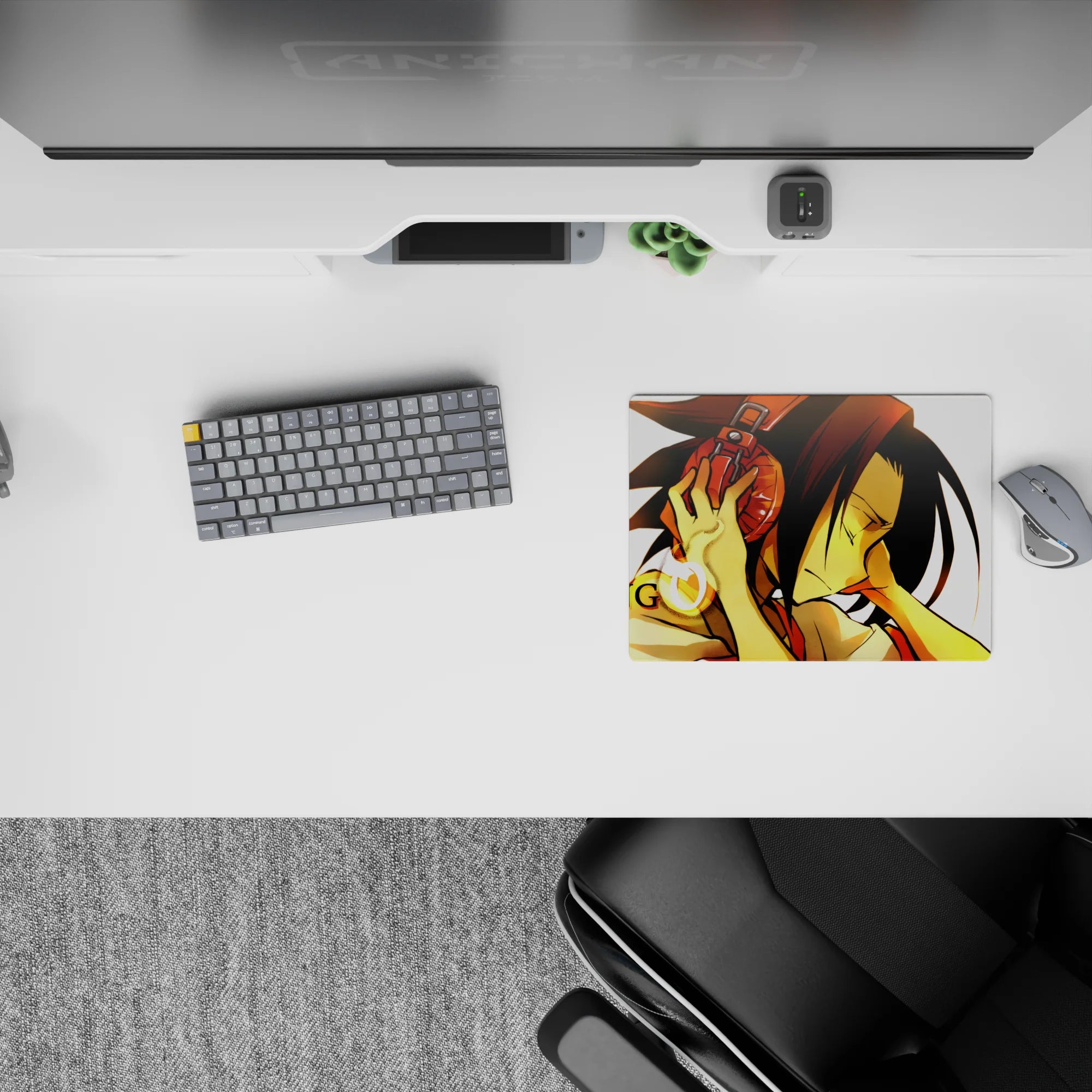 Warm gold glow anime mouse pad 14x10 inches, crisp white background, calm focus vibe with floating spirits.